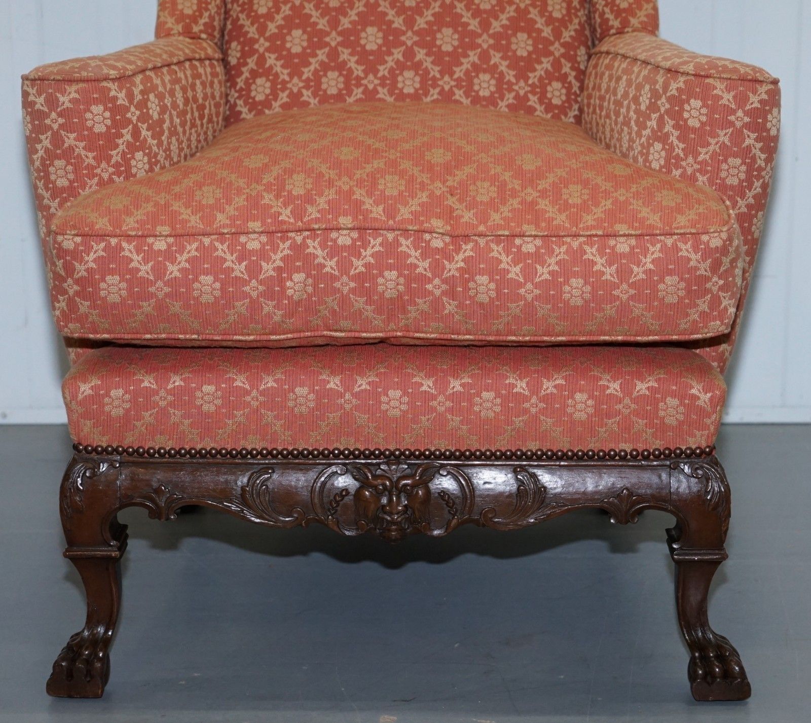 Rare 19th Century Thomas Chippendale Easy Wingback Armchair Heavily Carved Wood photo Furniture