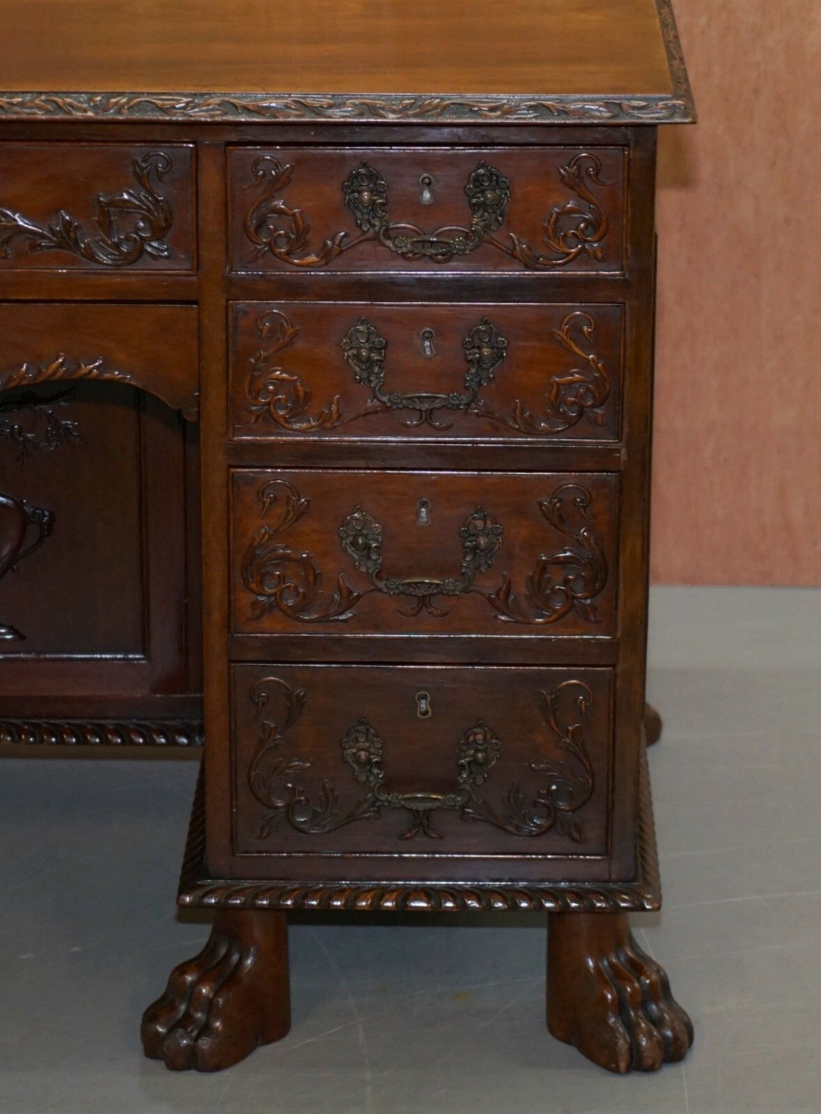 Sublime Hand Carved From Top To Bottom Antique Victorian 1850 Knee Hole Desk photo 2750.0