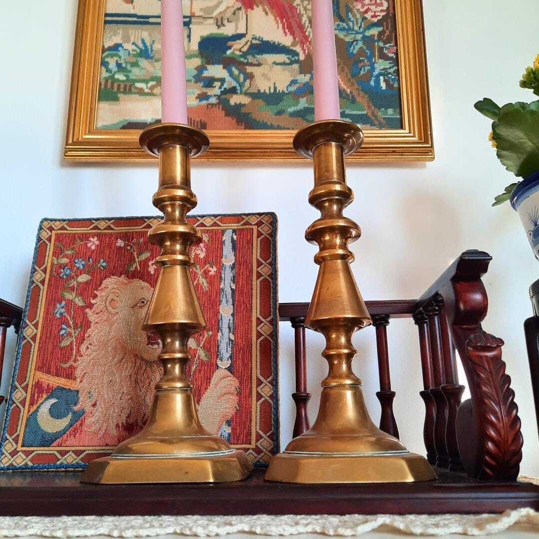 Large And Chunky Pair Of Victorian Brass Candlesticks Pair H 10.7'' photo furniture