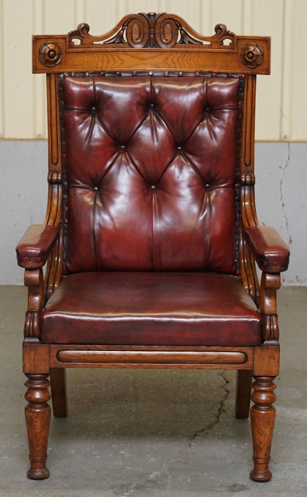 English Estate Circa 1840 Royal Crown Stamped Oxblood Leather Throne Armchair photo furniture