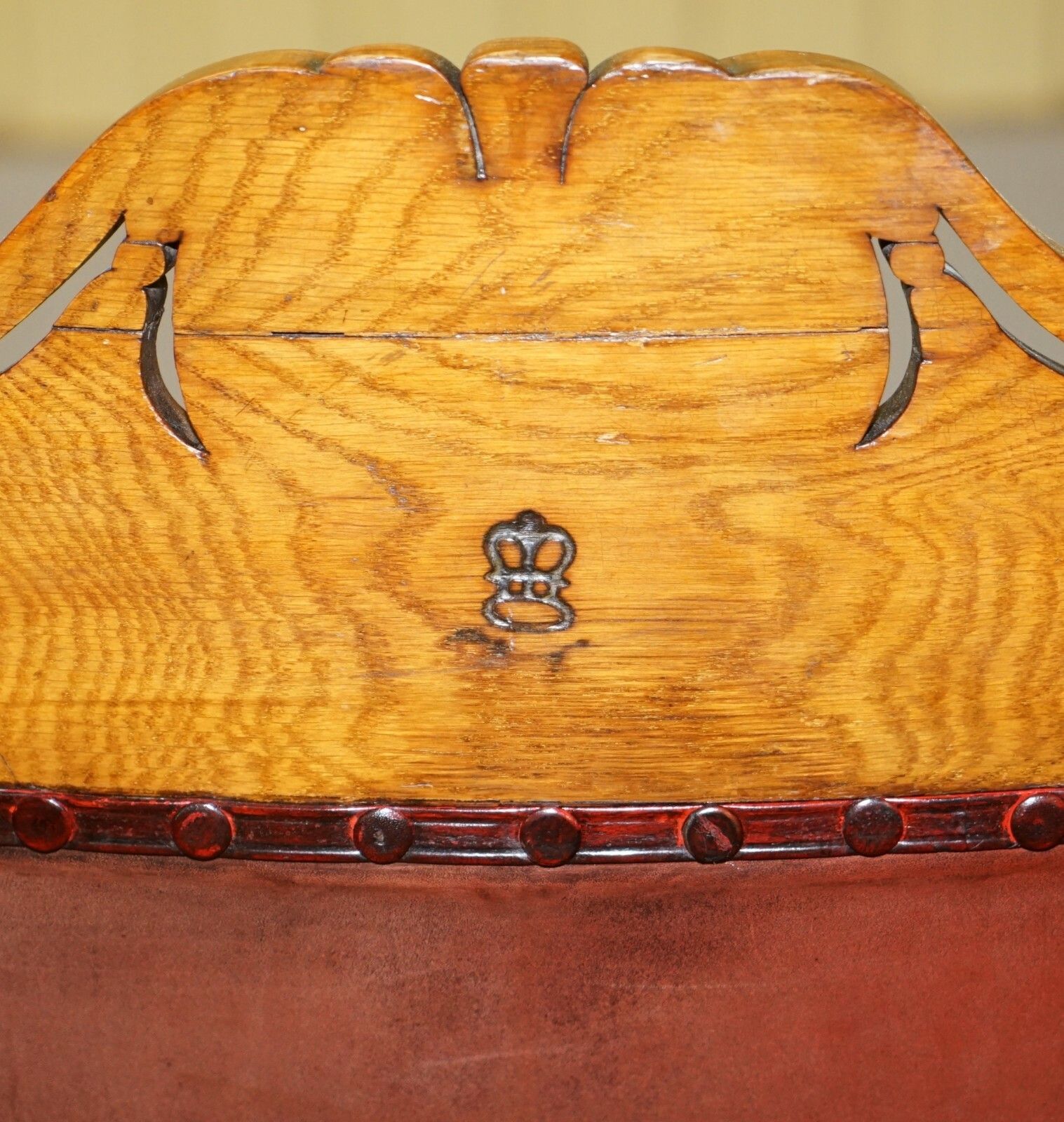 2750.0 English Estate Circa 1840 Royal Crown Stamped Oxblood Leather Throne Armchair photo