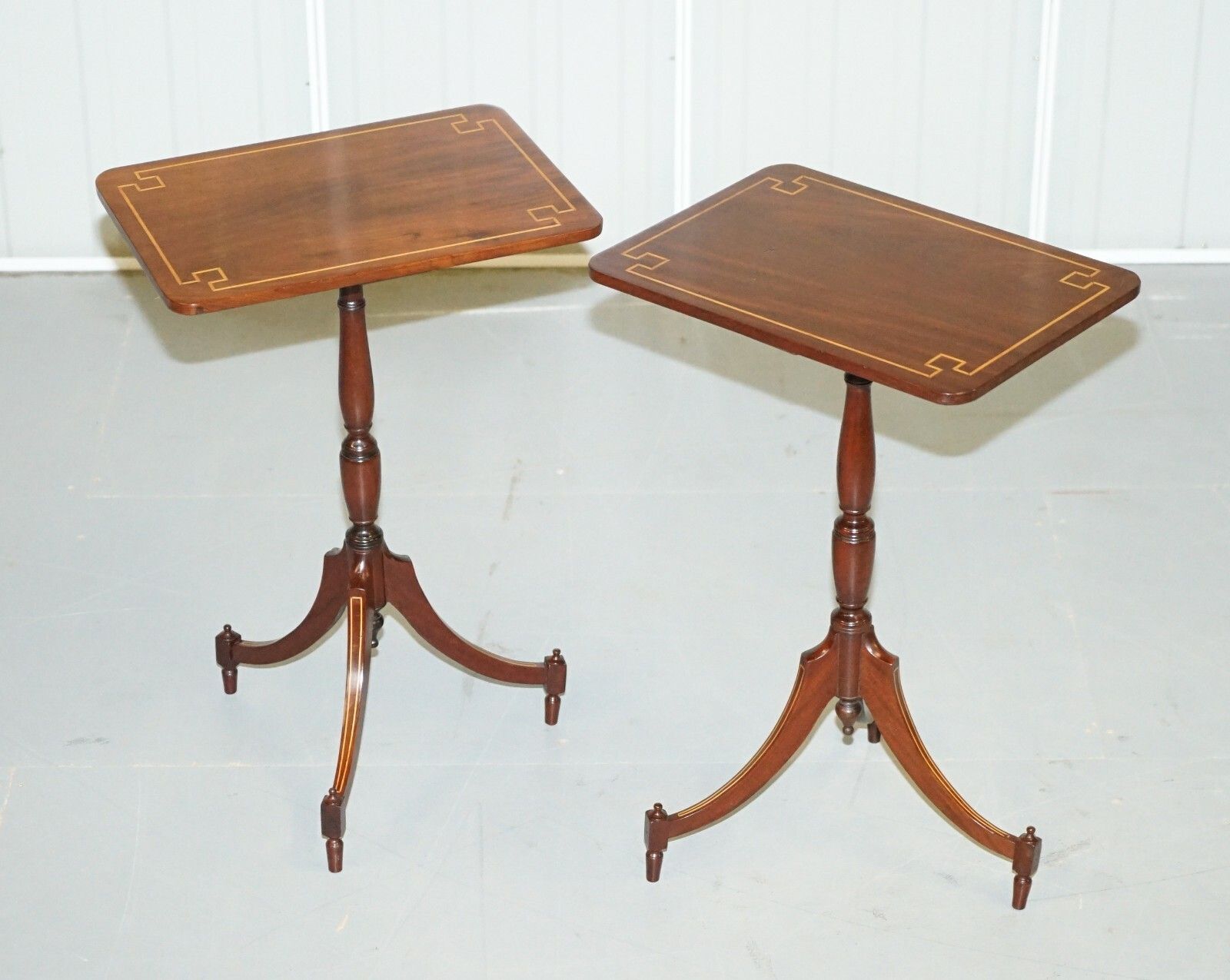 Pair Of Antique Flamed Walnut & Inlaid Regency Style Tripod Side End Lamp Tables photo furniture