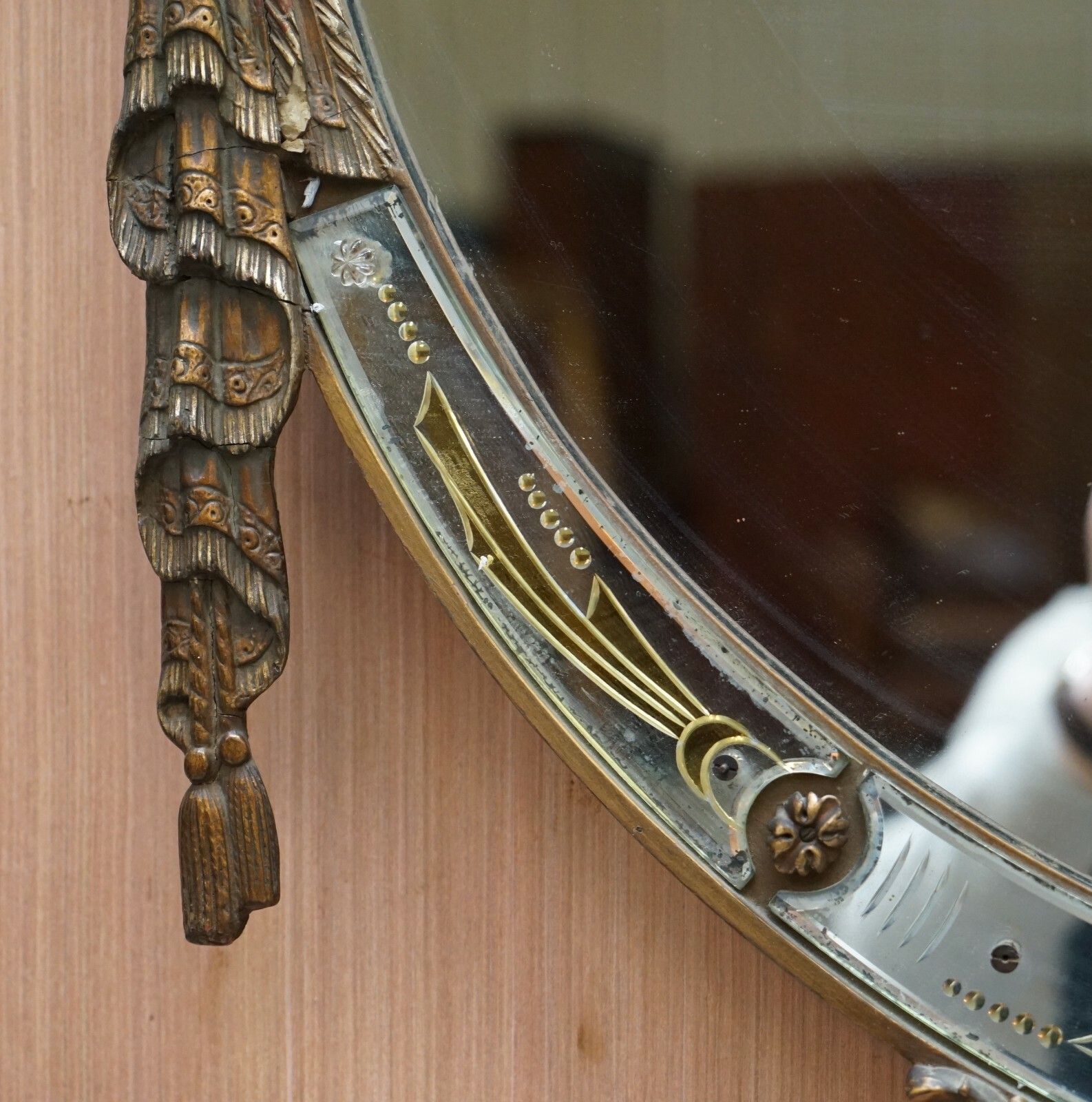photo for sale Rare Large Late 19th Century Giltwood Mirror French Shield Shape Acanthus Detail