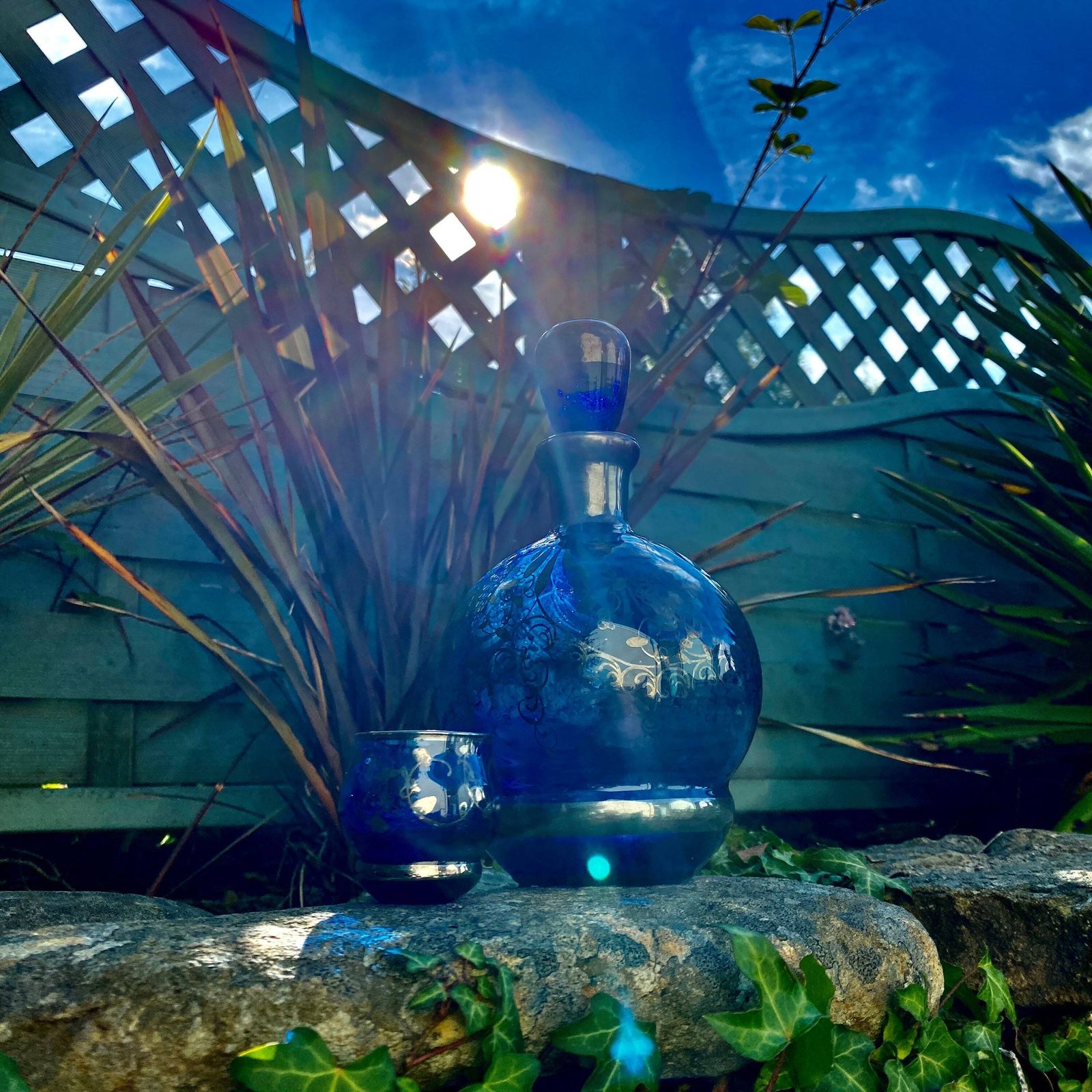 Eye Catching Cobalt Blue & Silver Venetian Glass Decanter With Liqueur/Shot Glasses photo for sale