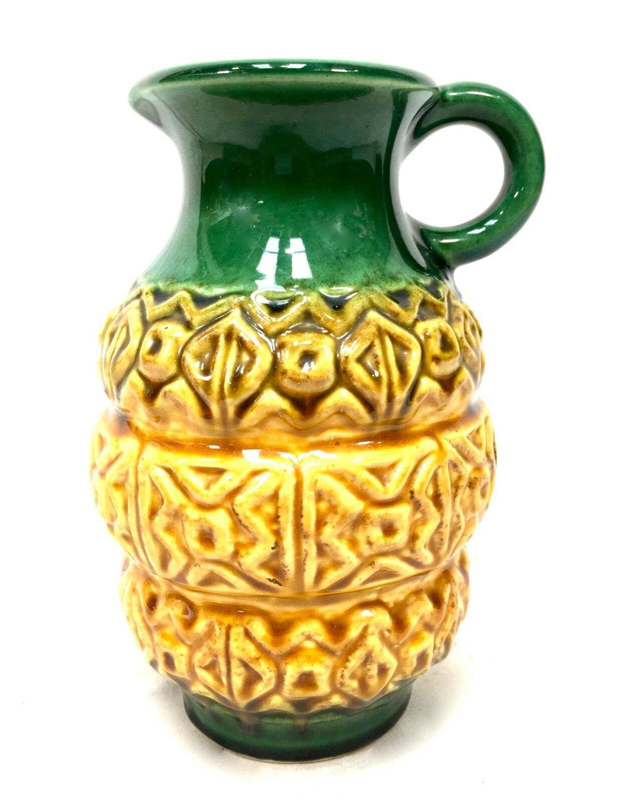 Vintage West German Pottery Vase Jug In Green & Yellow Glaze Retro 1970's