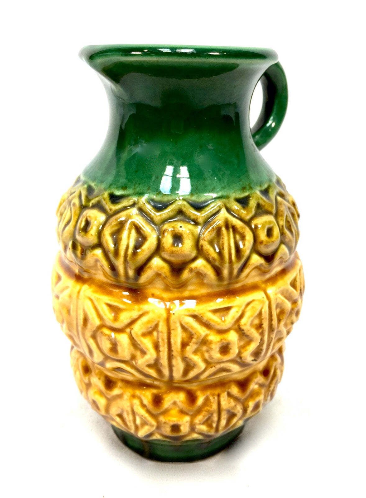 Vintage West German Pottery Vase Jug In Green & Yellow Glaze Retro 1970's photo furniture
