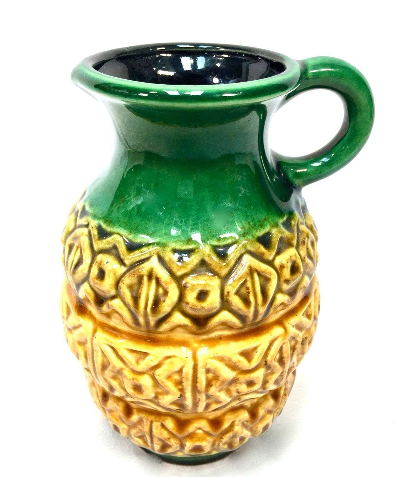Vintage West German Pottery Vase Jug In Green & Yellow Glaze Retro 1970's photo Home Decor
