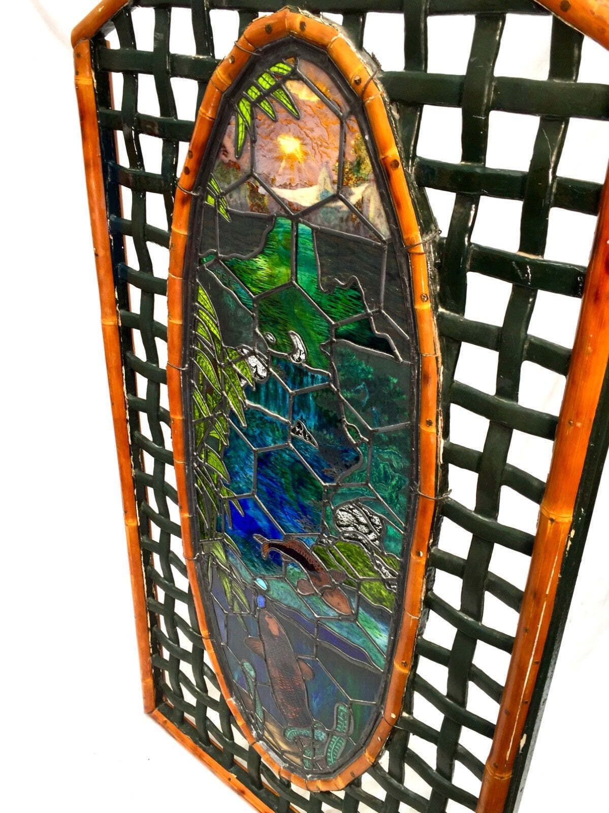 Home Fixtures Vintage Oriental Large Wooden Edged Stain Glass Window Lake Scene Koi Fish C1970 photo