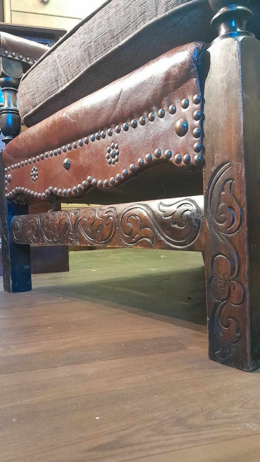 Pair Edwardian English Carved Oak Studded Leather Chairs With Lion Finials photo Furniture