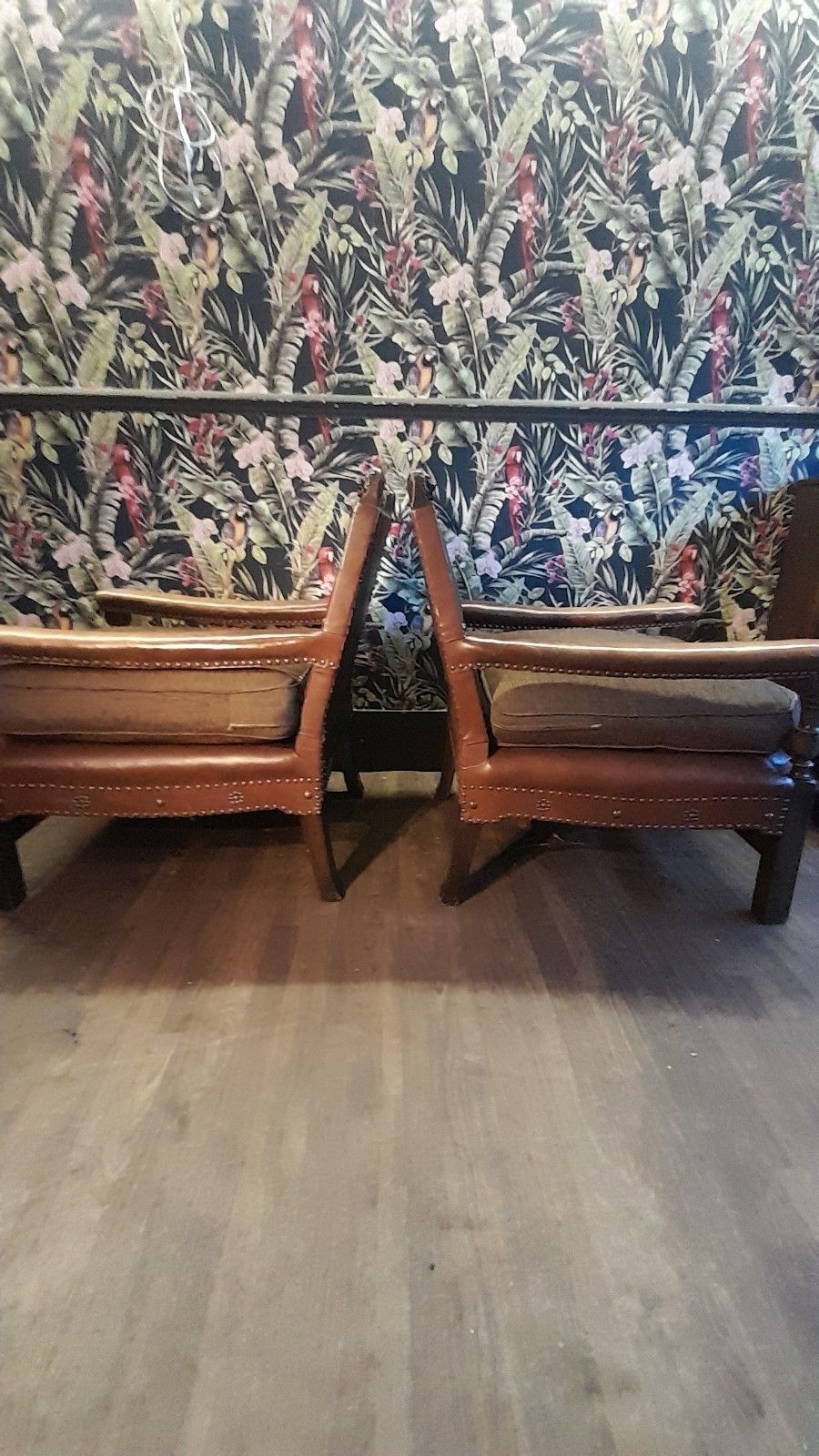 Pair Edwardian English Carved Oak Studded Leather Chairs With Lion Finials photo vinterior