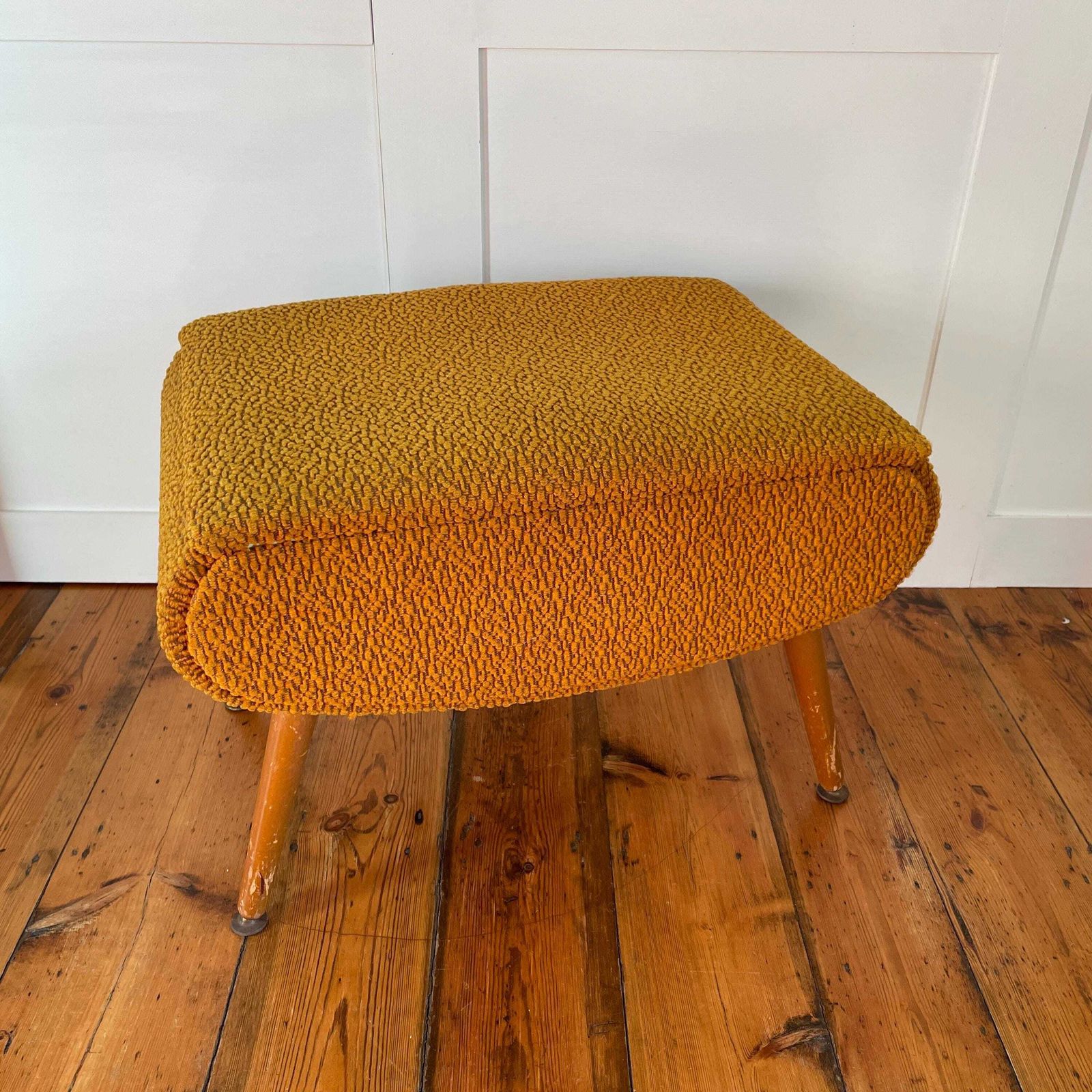 Vintage Retro Wooden Stool Wood Cottage Furniture Rectangle Yellow Hallway Farmhouse 40x56x38cm Boucle Fabric Sewing Box Storage Table photo for sale