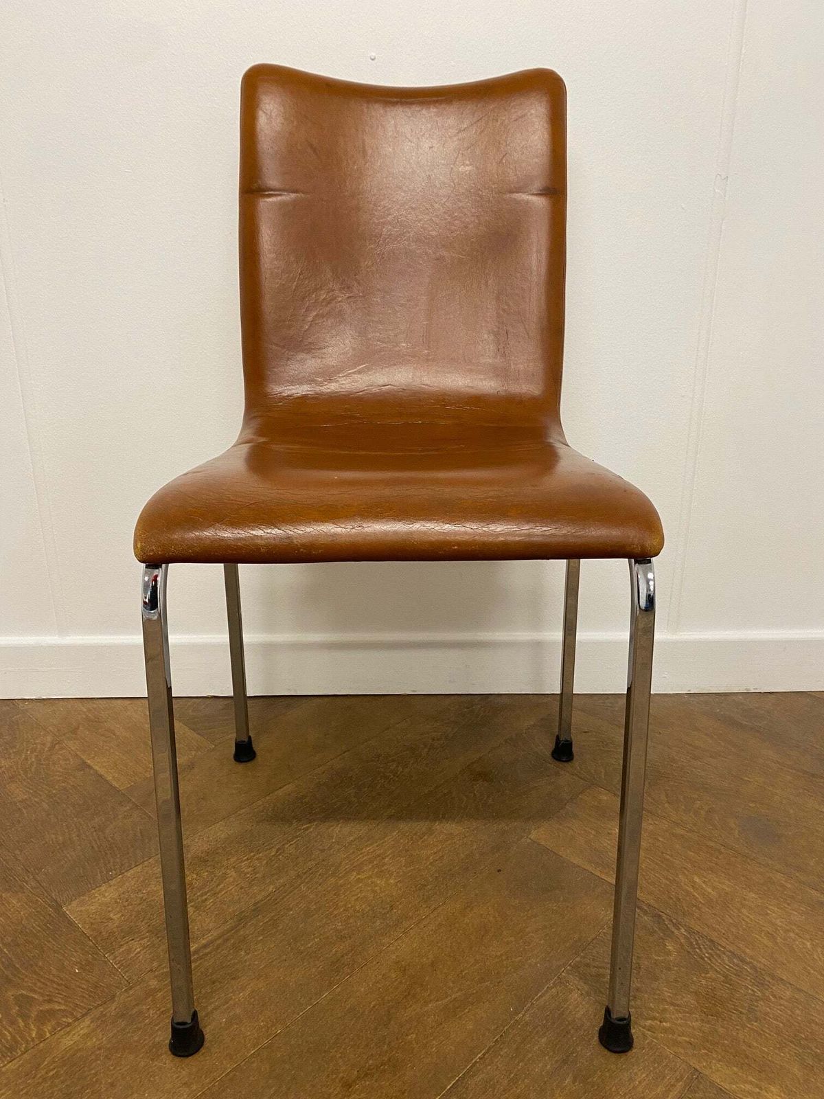 Used Vintage Italian Tan Leather 4 Legged Chrome Stacking Chair (Set Of 12)