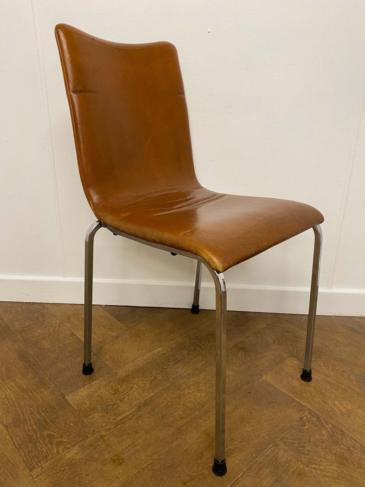 Used Vintage Italian Tan Leather 4 Legged Chrome Stacking Chair (Set Of 12) photo for sale