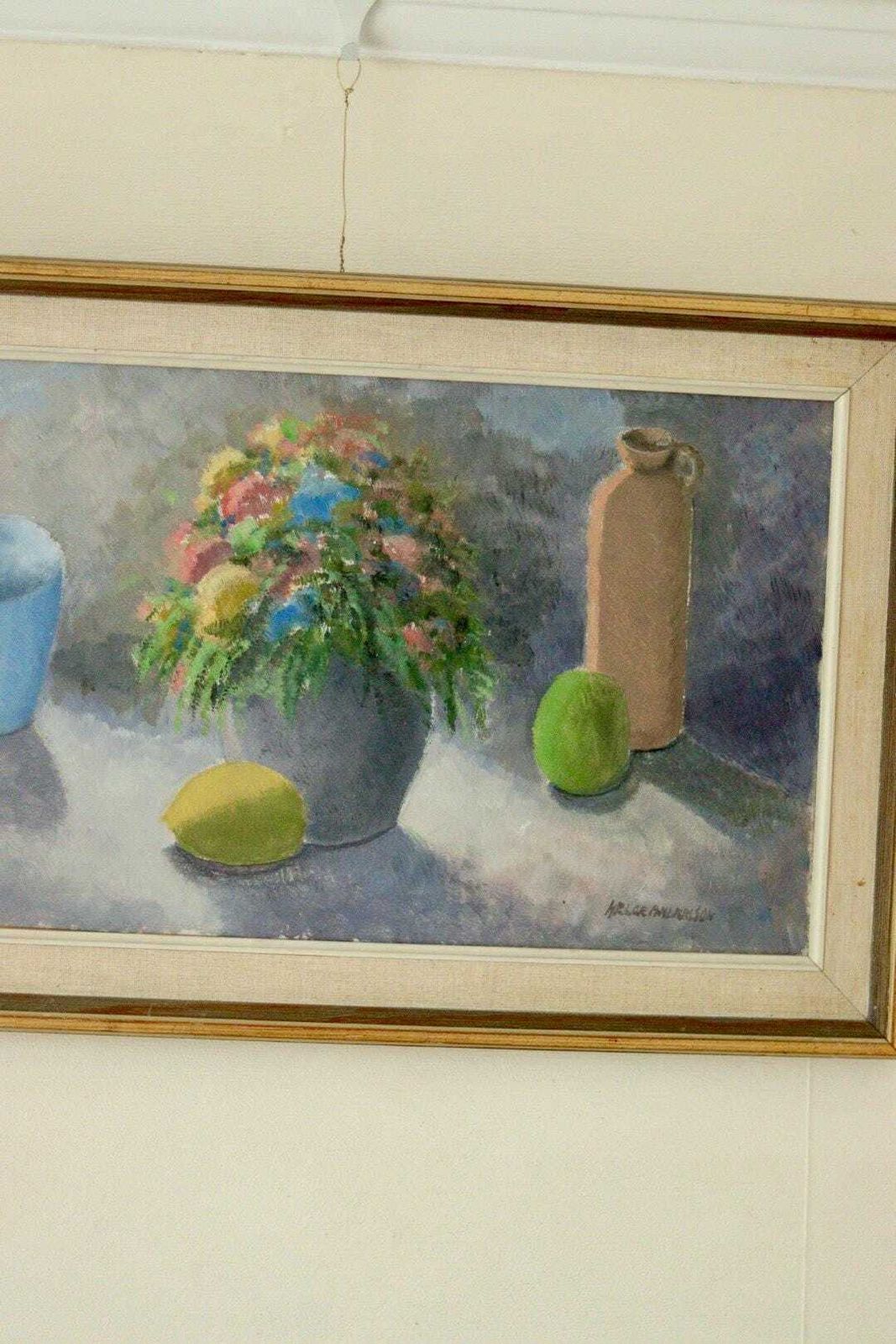 Original Mid Century Scandinavian Oil On Panel – “Still Life” By Helge Andersson – Vintage & Framed, 57 × 37 Cm (22.4 × 14.6 In) photo vintage