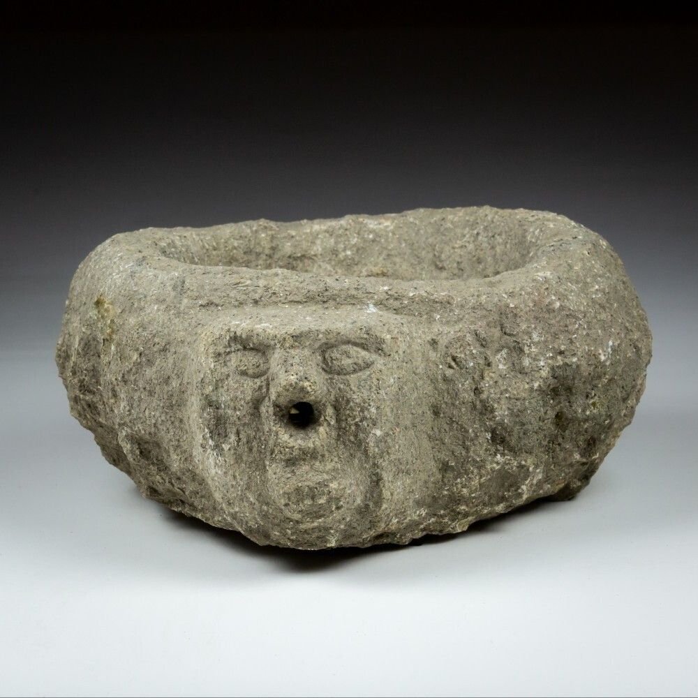 Late Medieval Granite Benitier Or Stoup With Primitive Head As The Water Spout. photo for sale