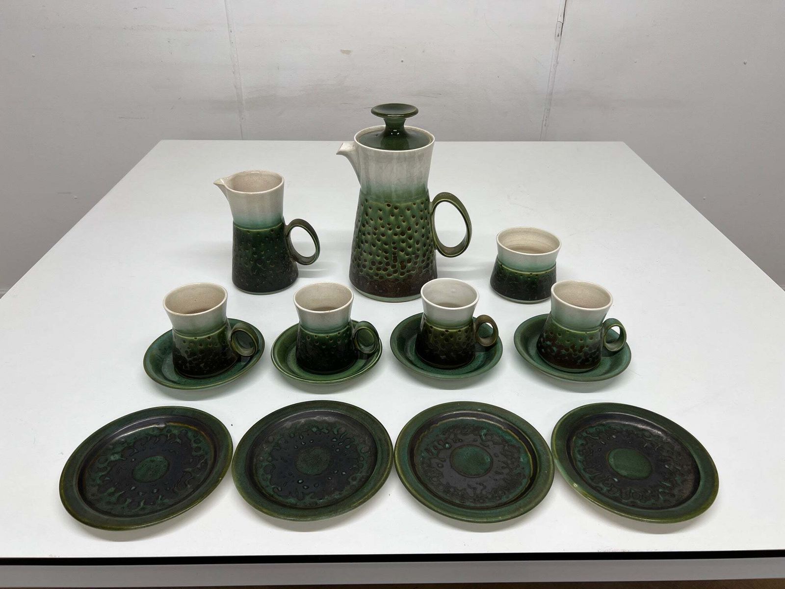 Vintage Retro 1970's Iden Studio Pottery 15 Piece Green Coffee Pot Set. photo furniture