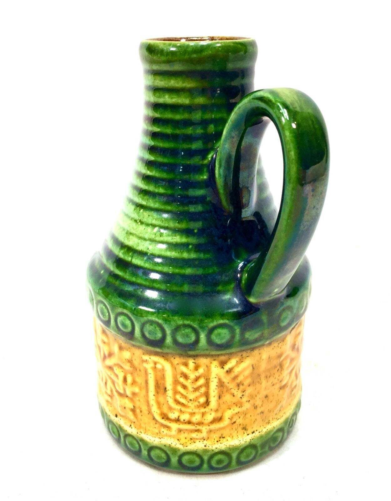 Vintage West German Bay Pottery Vase Jug Green & Yellow/ Retro 1970's photo Home Decor
