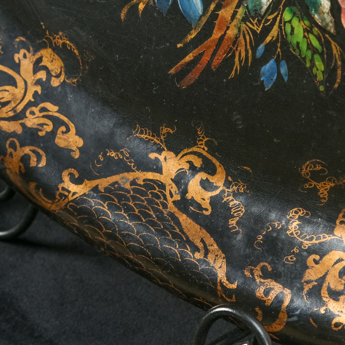 English Victorian Ebonised Chinoiserie Floral Papier Mâché Drinks Butlers Serving Tray (Circa 1870) photo vinterior