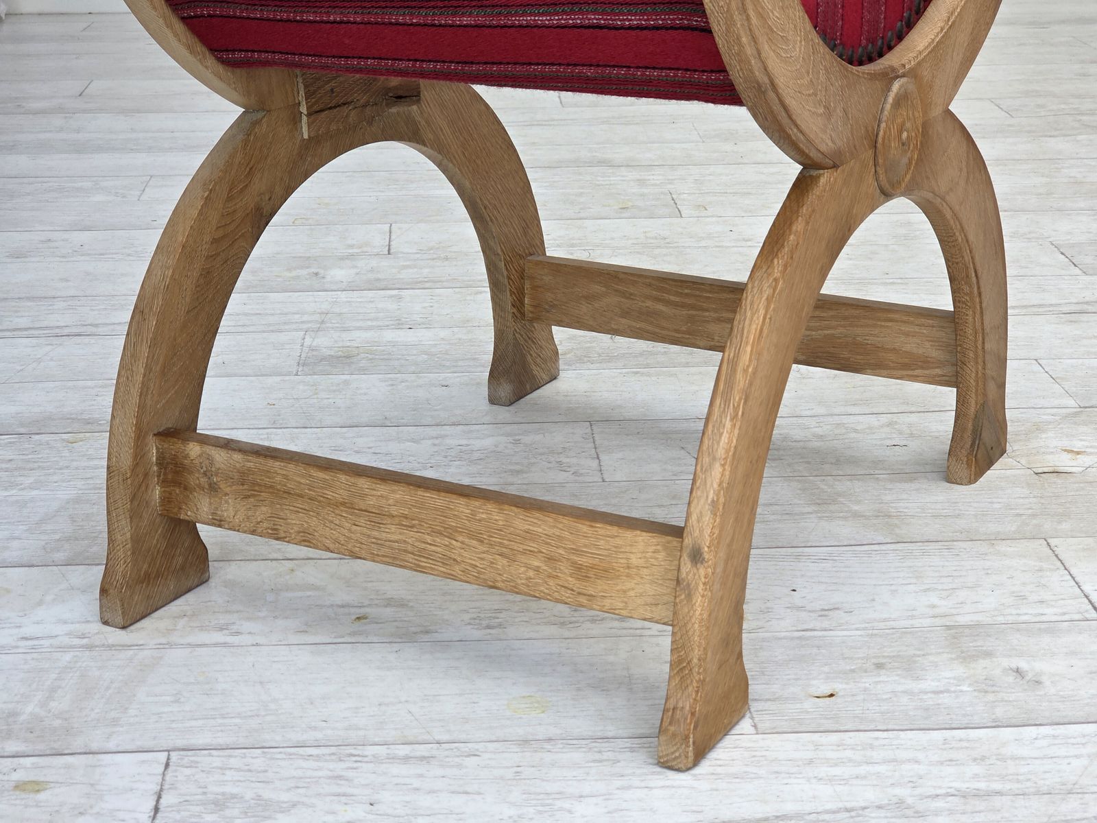 1970s, Danish Armchair, Original Red Furniture Wool, Solid Oak Wood. photo furniture