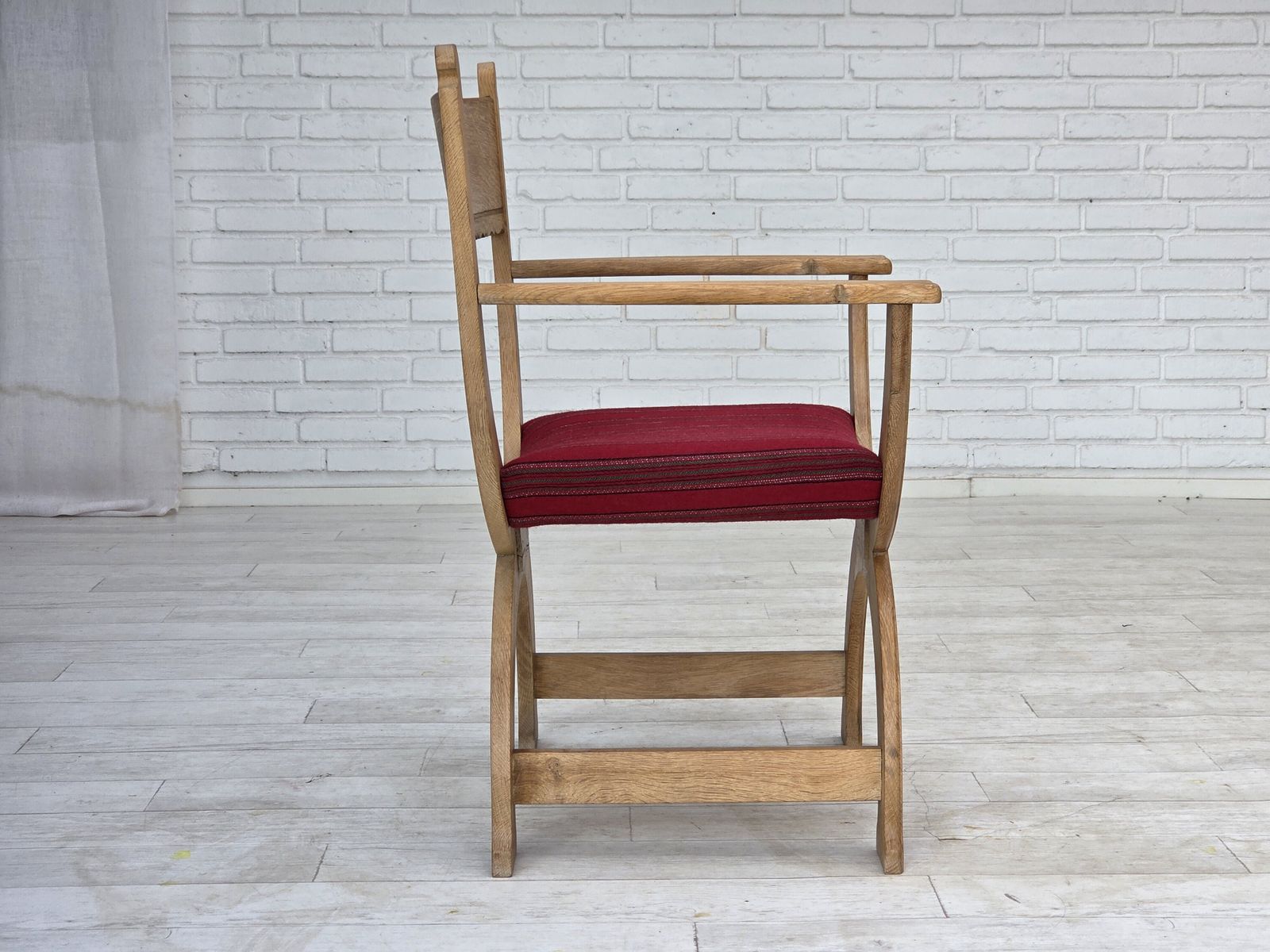 1970s, Danish Armchair, Original Red Furniture Wool, Solid Oak Wood. photo vintage