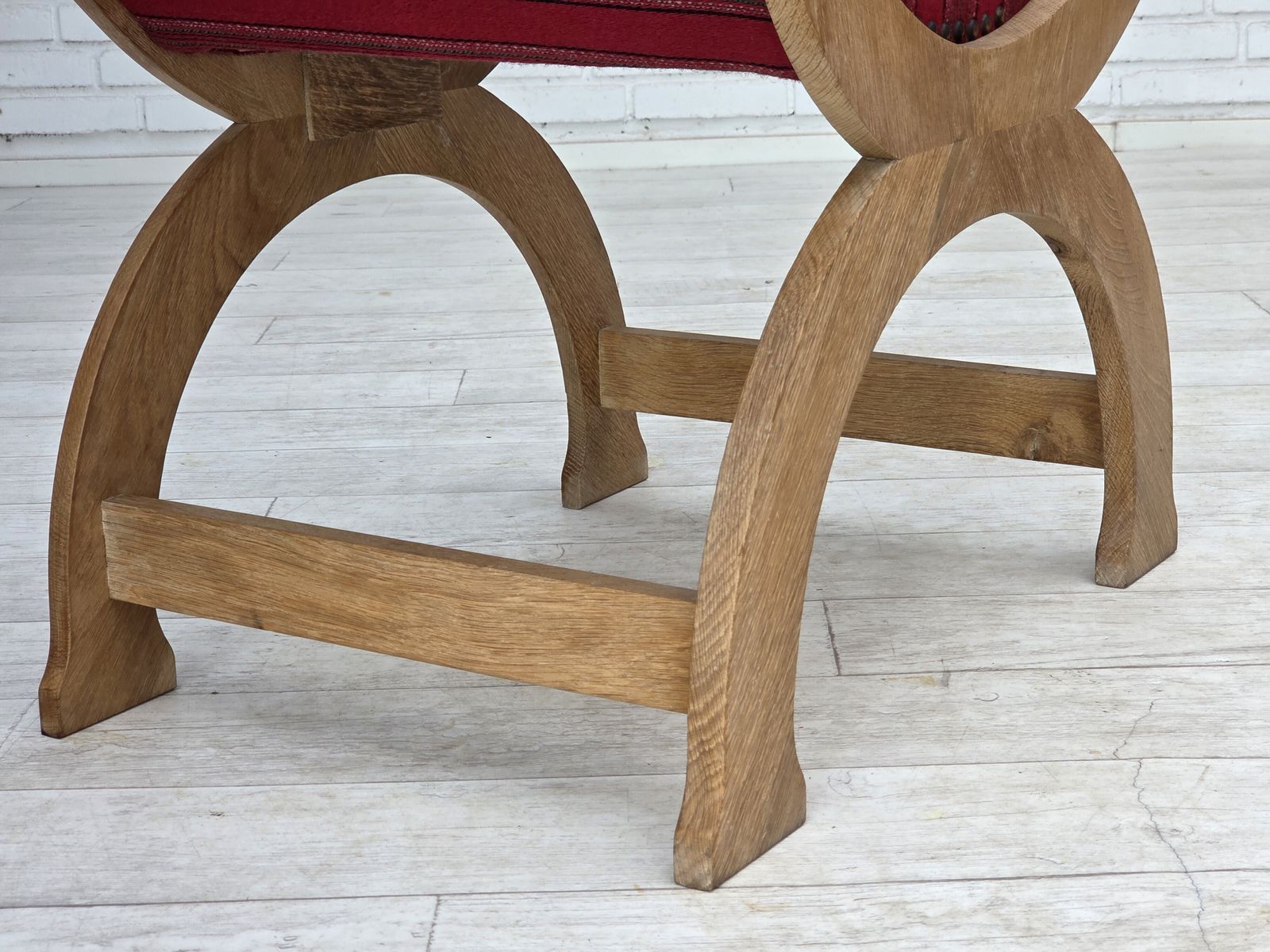 795.0 1970s, Danish Armchair, Original Red Furniture Wool, Solid Oak Wood. photo