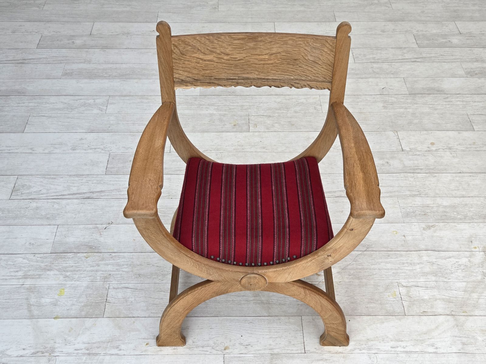 photo buy 1970s, Danish Armchair, Original Red Furniture Wool, Solid Oak Wood.