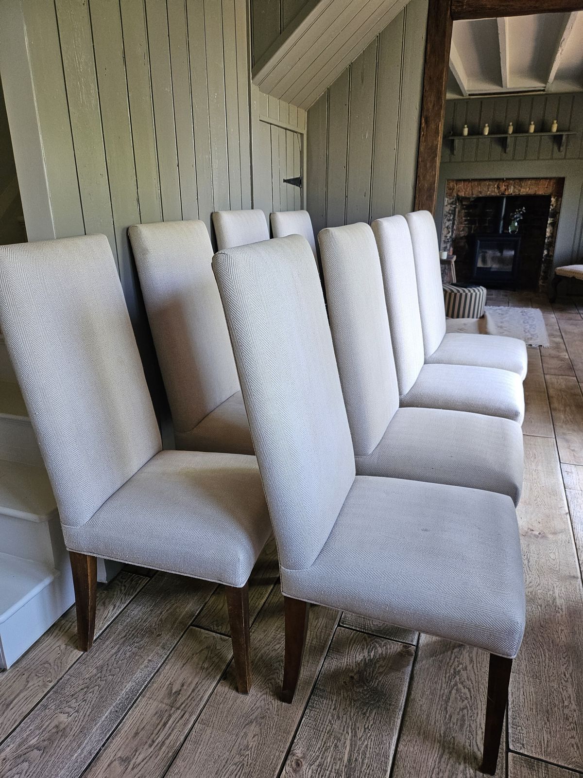 8 Lovely Neutral Bespoke Upholstered Dining Chairs In De Le Cuona Herringbone Woven Linen. photo Furniture