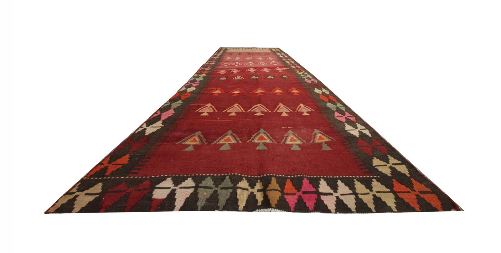 Vintage Kilim Runner: 1960s Burgundy & Pink Wool Rug, Tribal Geometric Carpet (9'8" X 3'11") photo furniture