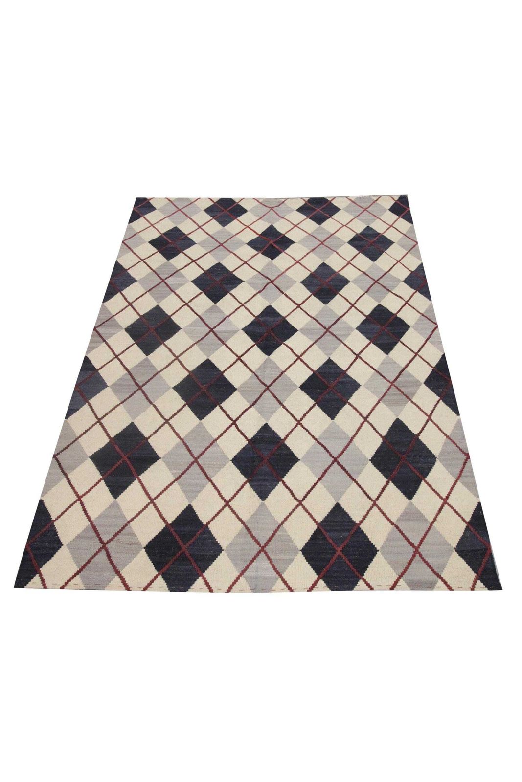 Cream & Navy Wool Kilim Rug: Modern Check Diamond Flatweave Carpet (6.4 X 5.3 Ft photo furniture