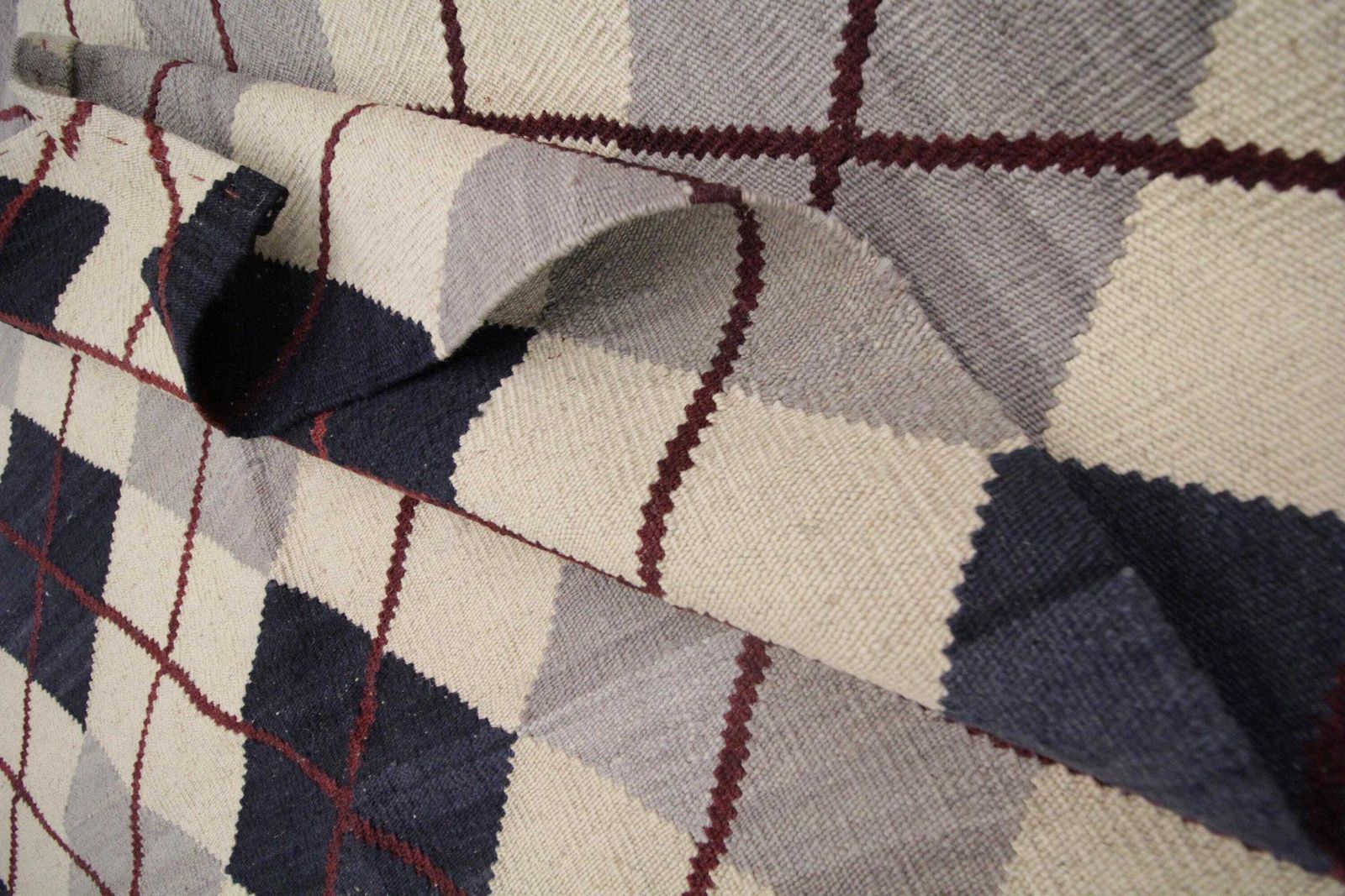 Cream & Navy Wool Kilim Rug: Modern Check Diamond Flatweave Carpet (6.4 X 5.3 Ft photo 1360.0