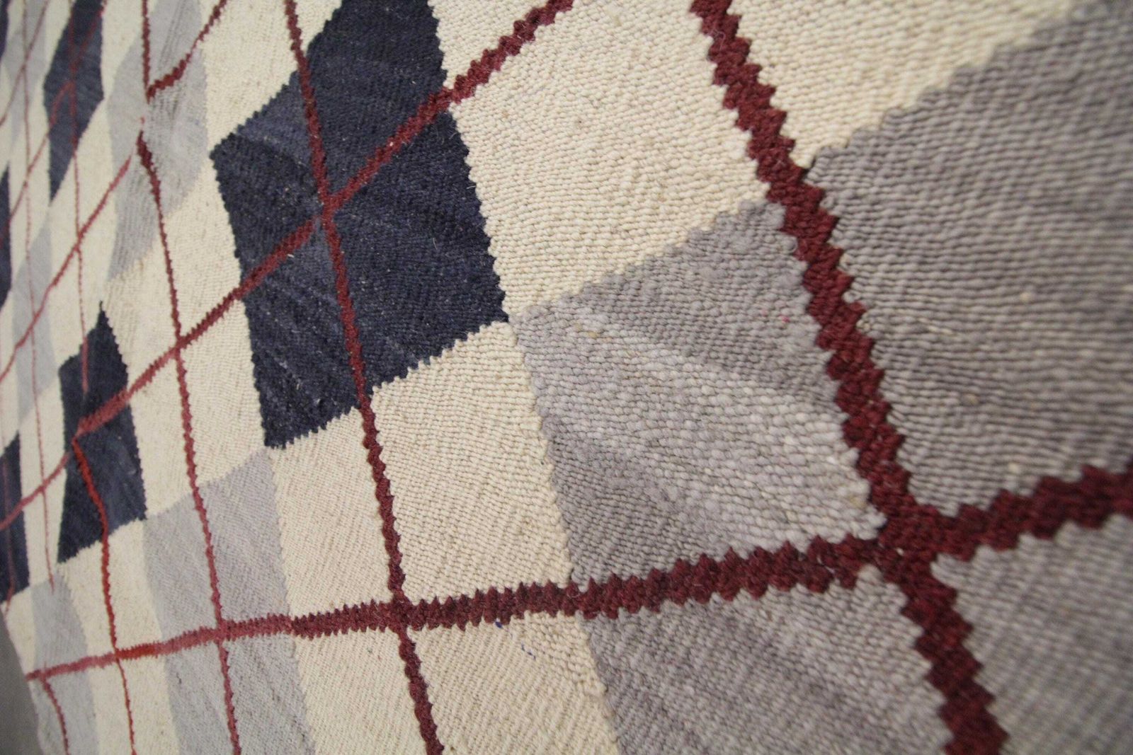 Cream & Navy Wool Kilim Rug: Modern Check Diamond Flatweave Carpet (6.4 X 5.3 Ft photo vinterior