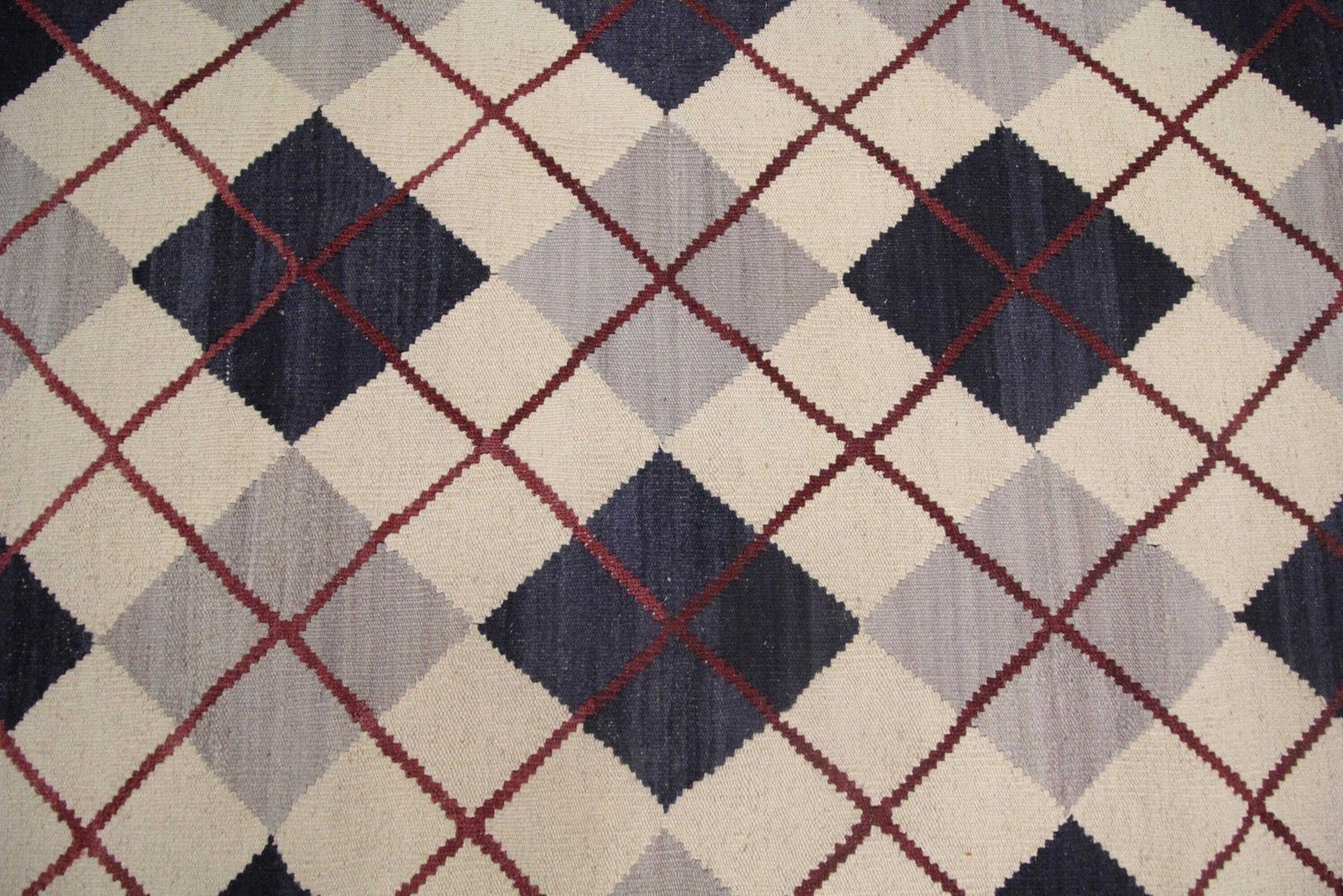 Cream & Navy Wool Kilim Rug: Modern Check Diamond Flatweave Carpet (6.4 X 5.3 Ft photo buy