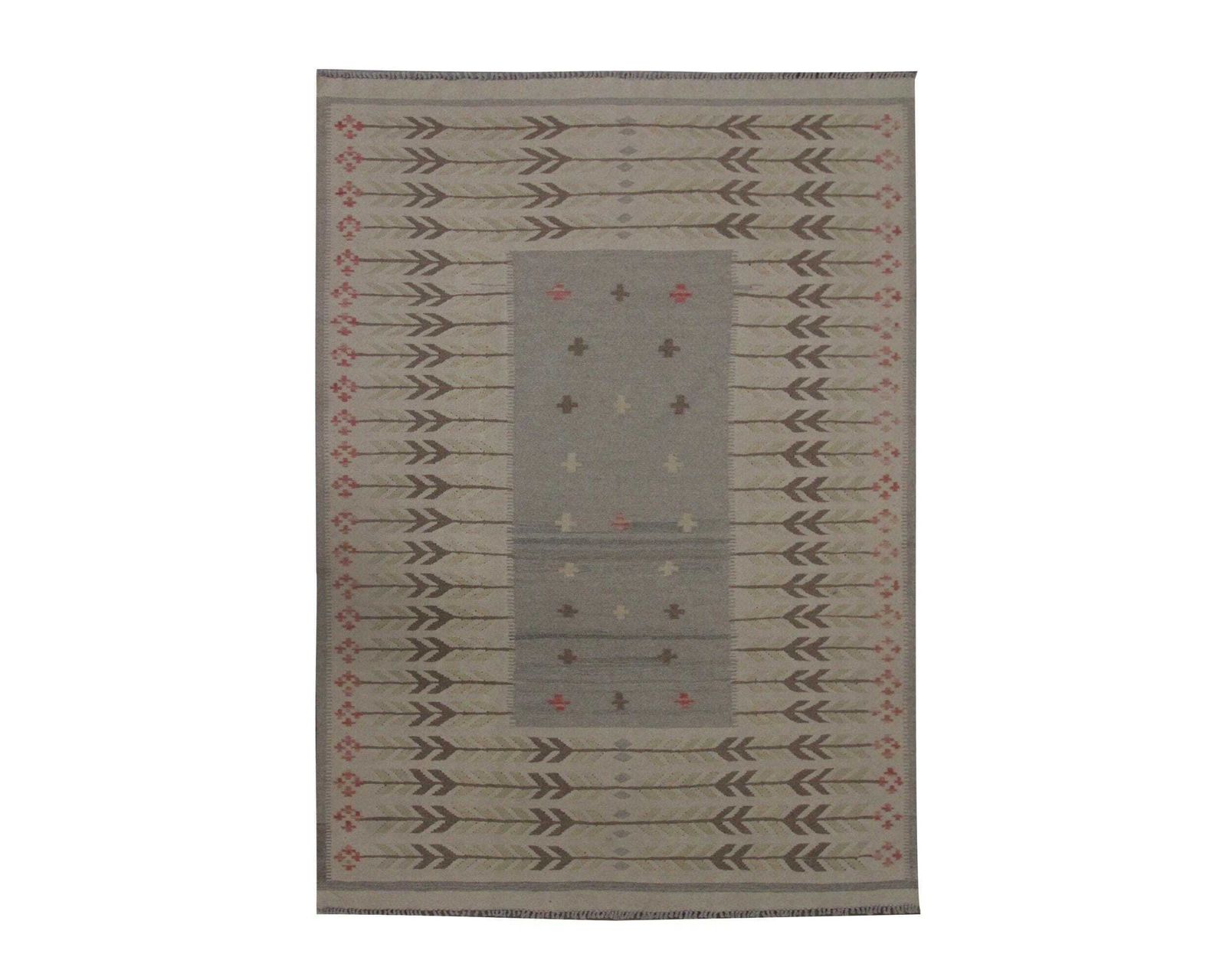 Khaki Brown Kilim Rug: Scandinavian Wool Flatweave Carpet Handmade (7.10 × 5.5 Ft.)