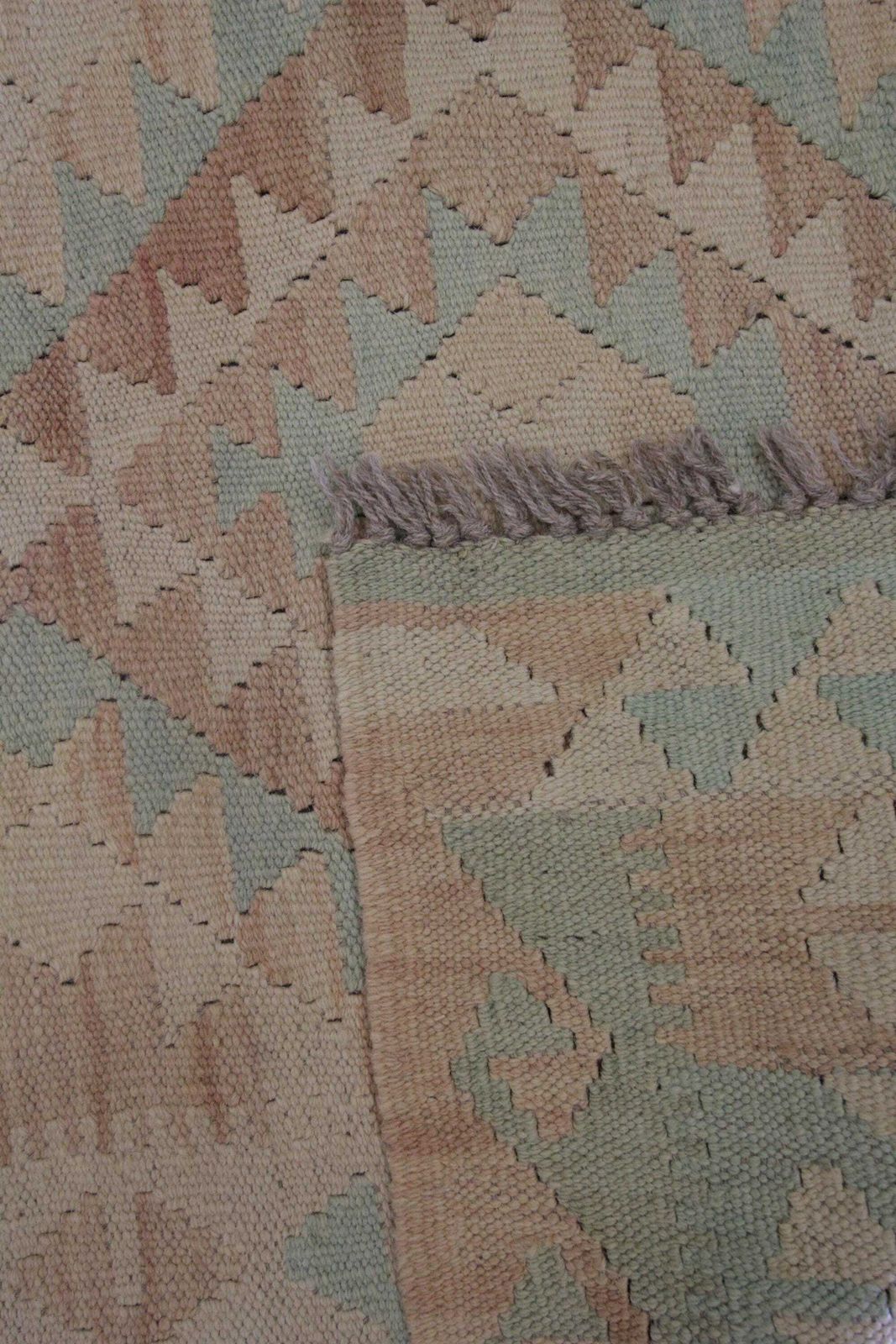 Khaki Green Afghan Kilim Rug: Small Wool Tribal Flatweave Carpet (2.9 X 3.5 Ft.) photo vintage