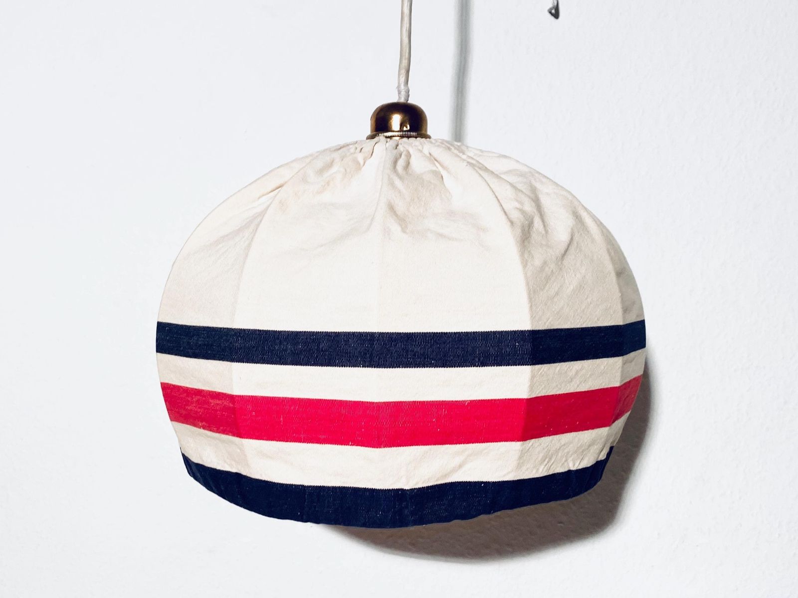 Vintage 1960s French Hanging Lamp With White, Blue & Red Cotton Shade / Mid Century Decor