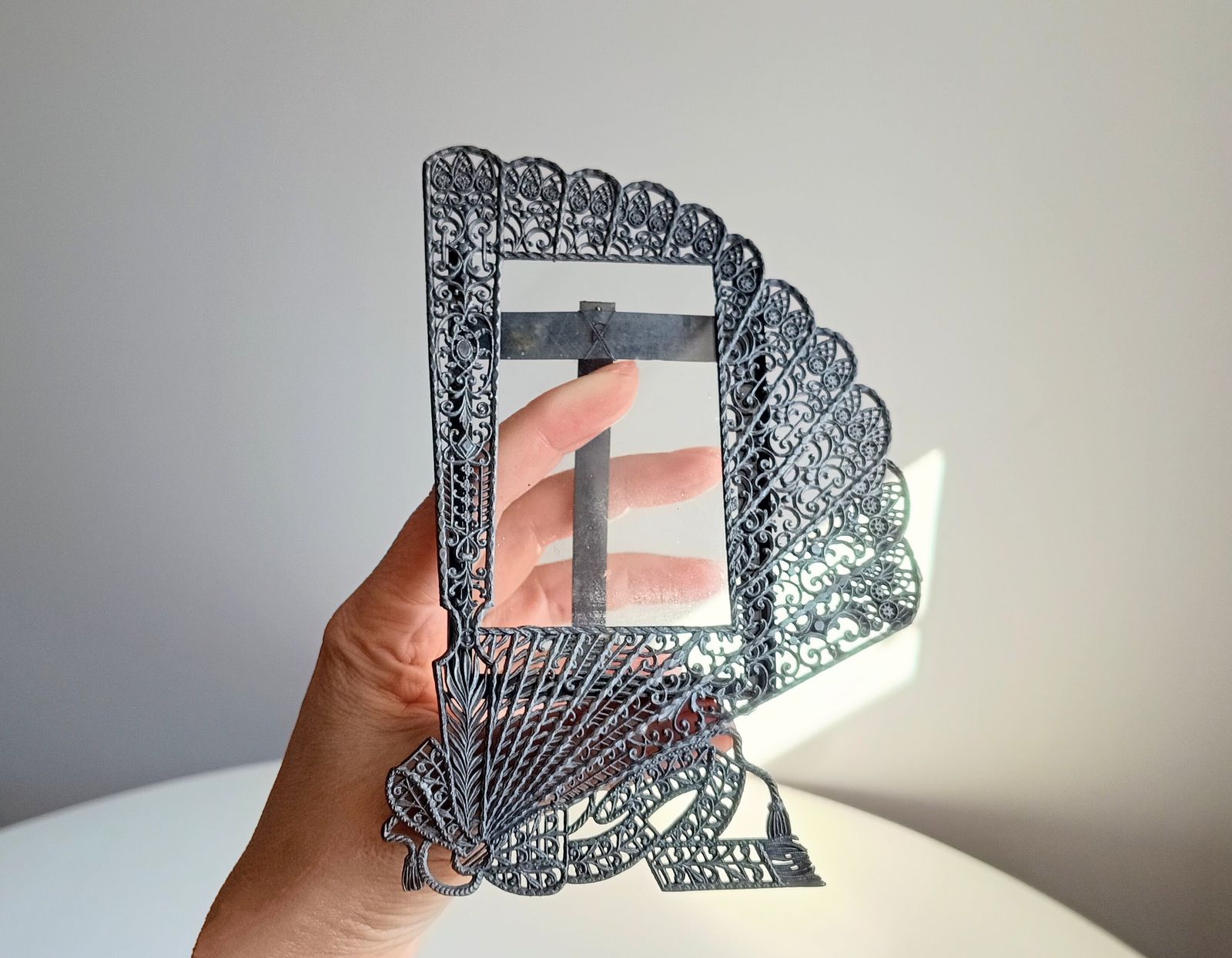 Antique Jugendstil Faux Filigree Curtain Shaped Tabletop Easel Stand Photo Frame Impressed Toleware C 1900 photo for sale