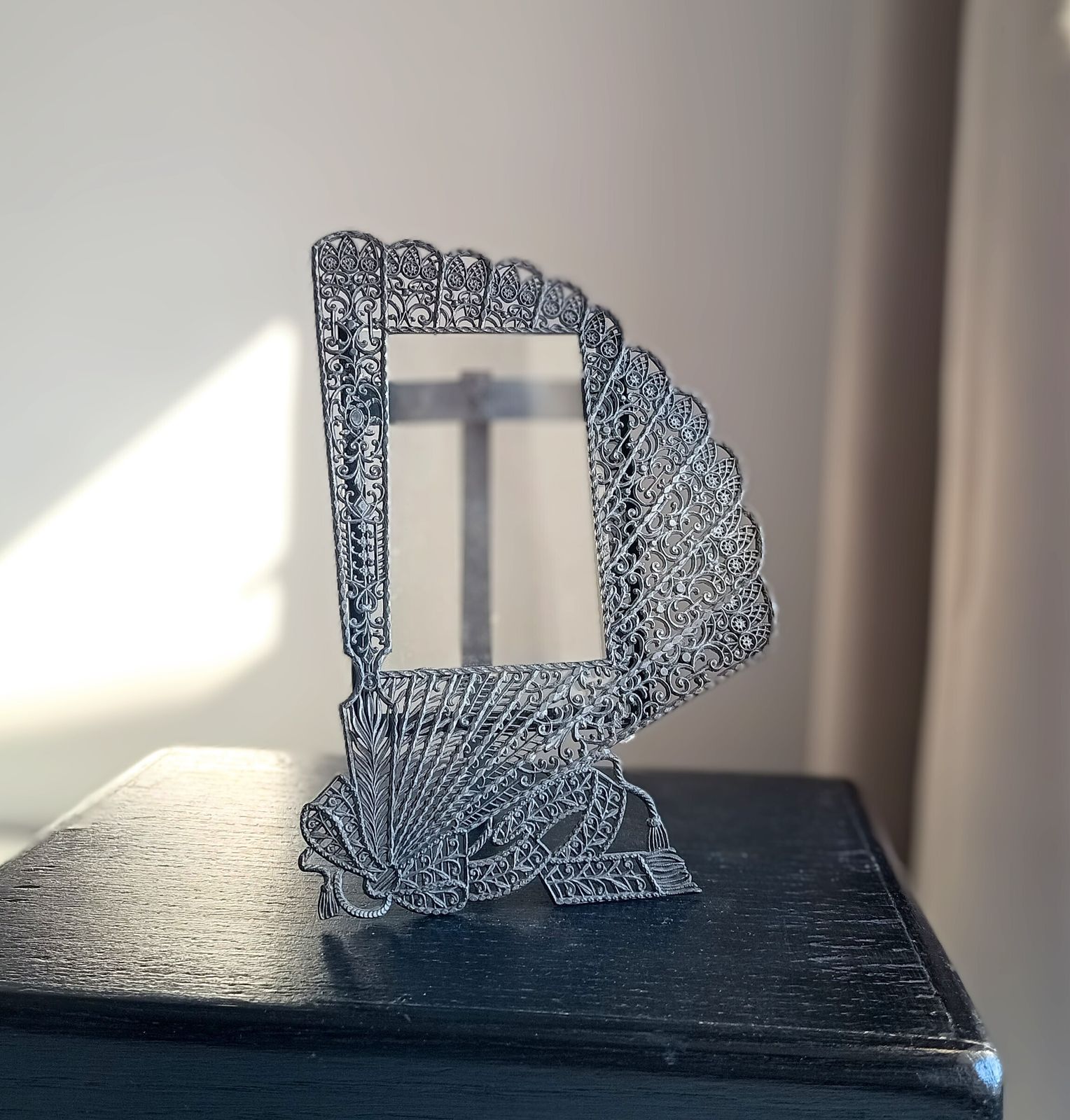 Antique Jugendstil Faux Filigree Curtain Shaped Tabletop Easel Stand Photo Frame Impressed Toleware C 1900 photo vintage