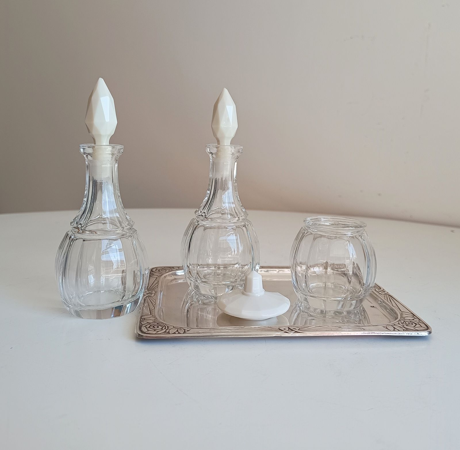 Rare Jugendstil Fine Dining Cruet Set Of Glass Bottles, Uranium Opaline Glass Stoppers, Late Art Nouveau Bohemia photo Home Decor