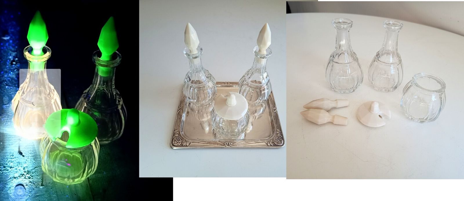 Rare Jugendstil Fine Dining Cruet Set Of Glass Bottles, Uranium Opaline Glass Stoppers, Late Art Nouveau Bohemia photo vintage