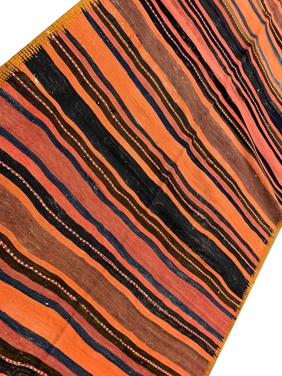 1960s Anatolian Kilim Runner: Striped Handwoven Wool Rug, Rustic Carpet (4.1 X 11.11 Ft.) photo for sale