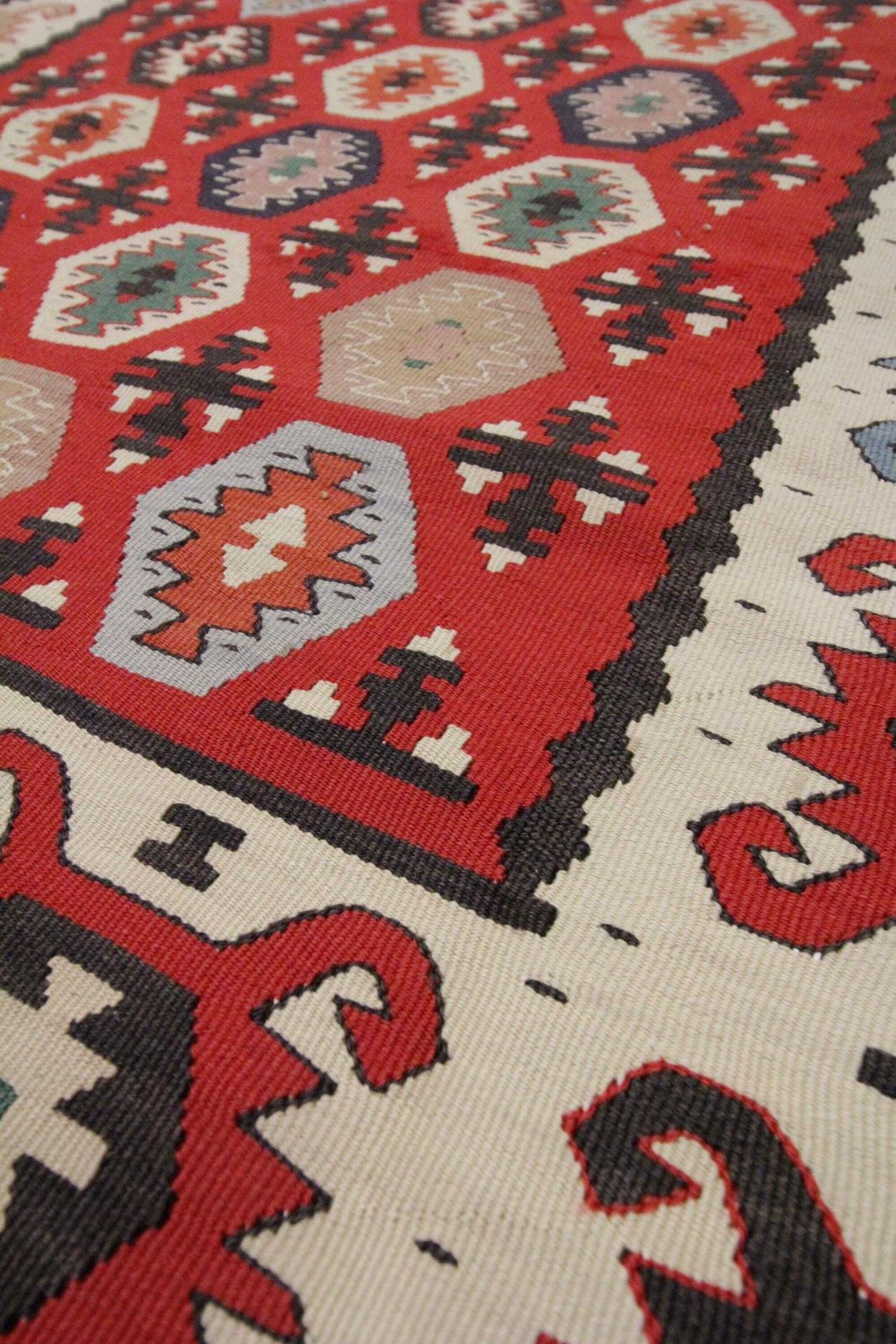 1960s Turkish Kilim Rug: Handwoven Wool, Red Geometric Tribal Rug (3.2 X 5.11 Ft.) photo Textiles