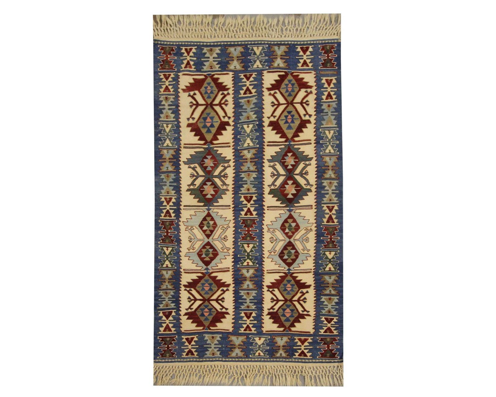 Turkish Rug Antique Kilim Blue Geometric Carpet Zig Zag Tribal Hallway Rug 3.0 × 4.8 Ft