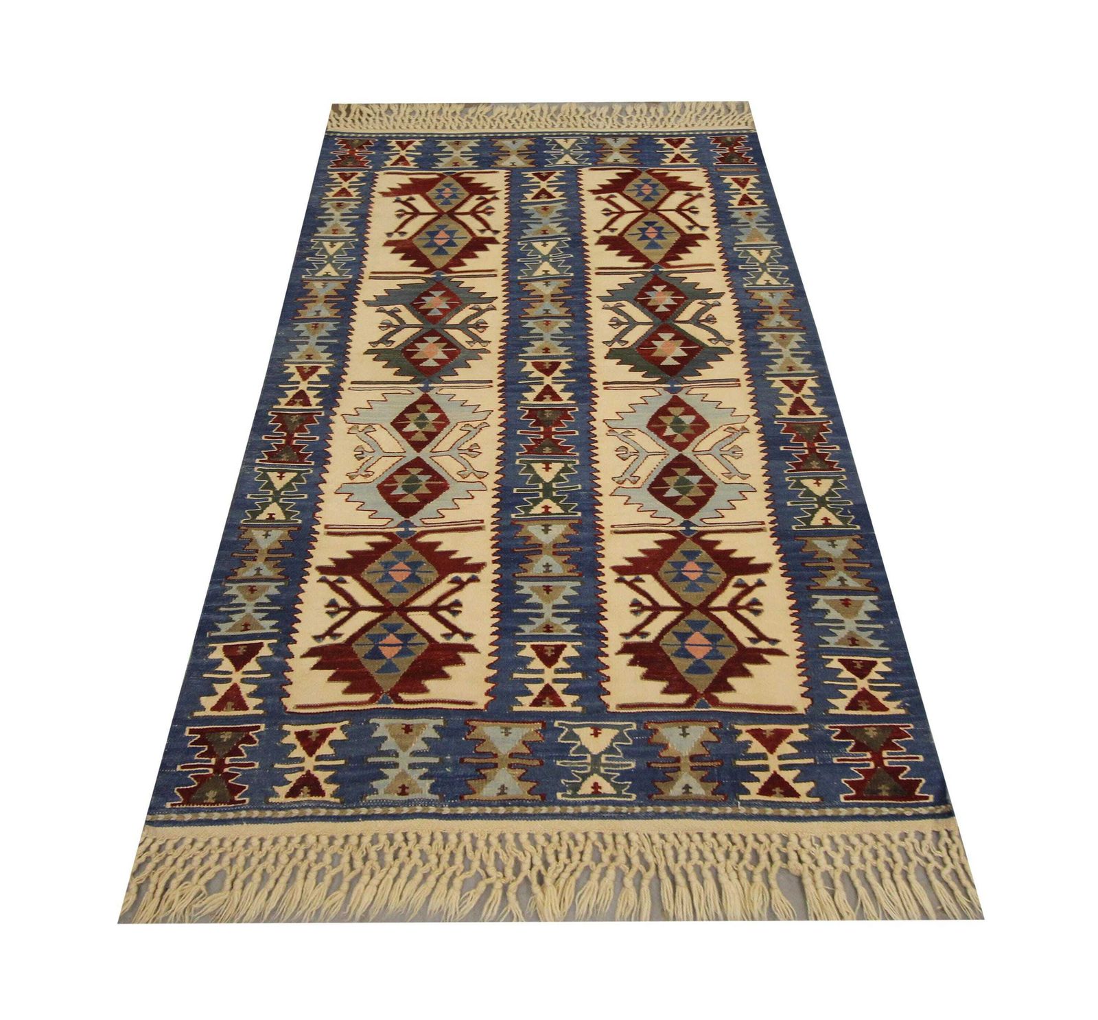 Turkish Rug Antique Kilim Blue Geometric Carpet Zig Zag Tribal Hallway Rug 3.0 × 4.8 Ft photo furniture