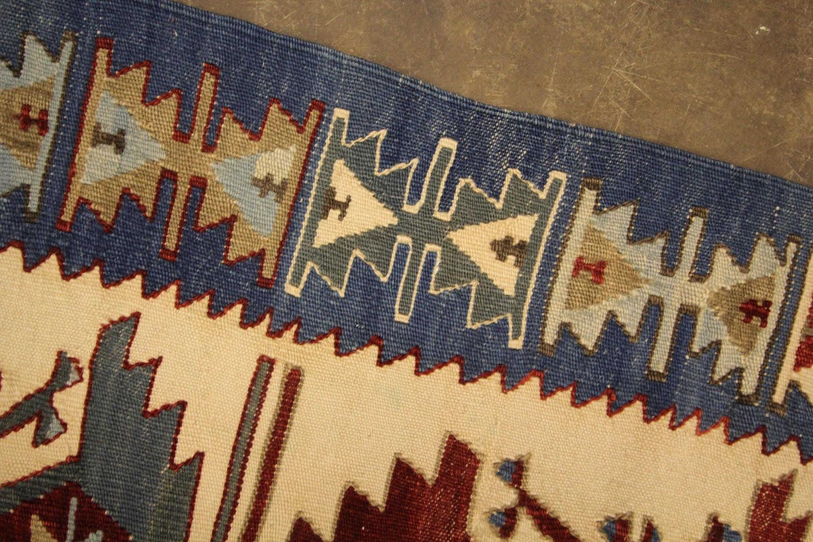 Turkish Rug Antique Kilim Blue Geometric Carpet Zig Zag Tribal Hallway Rug 3.0 × 4.8 Ft photo buy