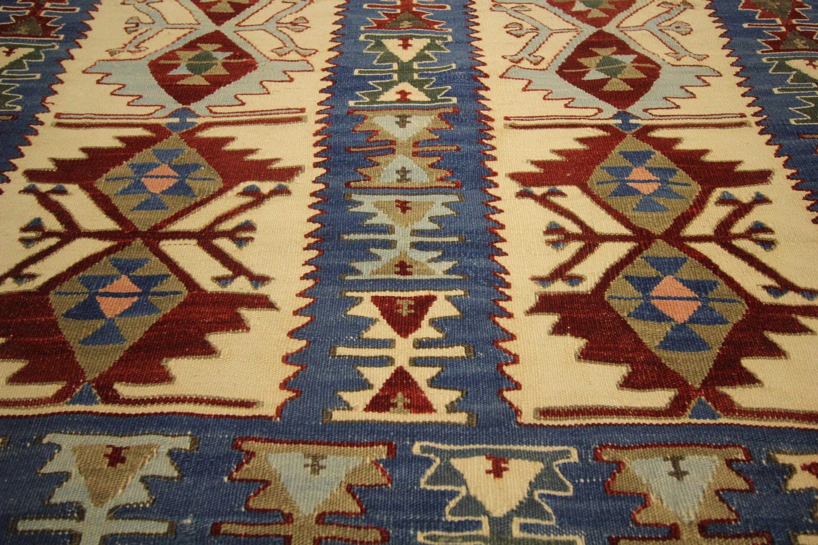 Turkish Rug Antique Kilim Blue Geometric Carpet Zig Zag Tribal Hallway Rug 3.0 × 4.8 Ft photo vintage