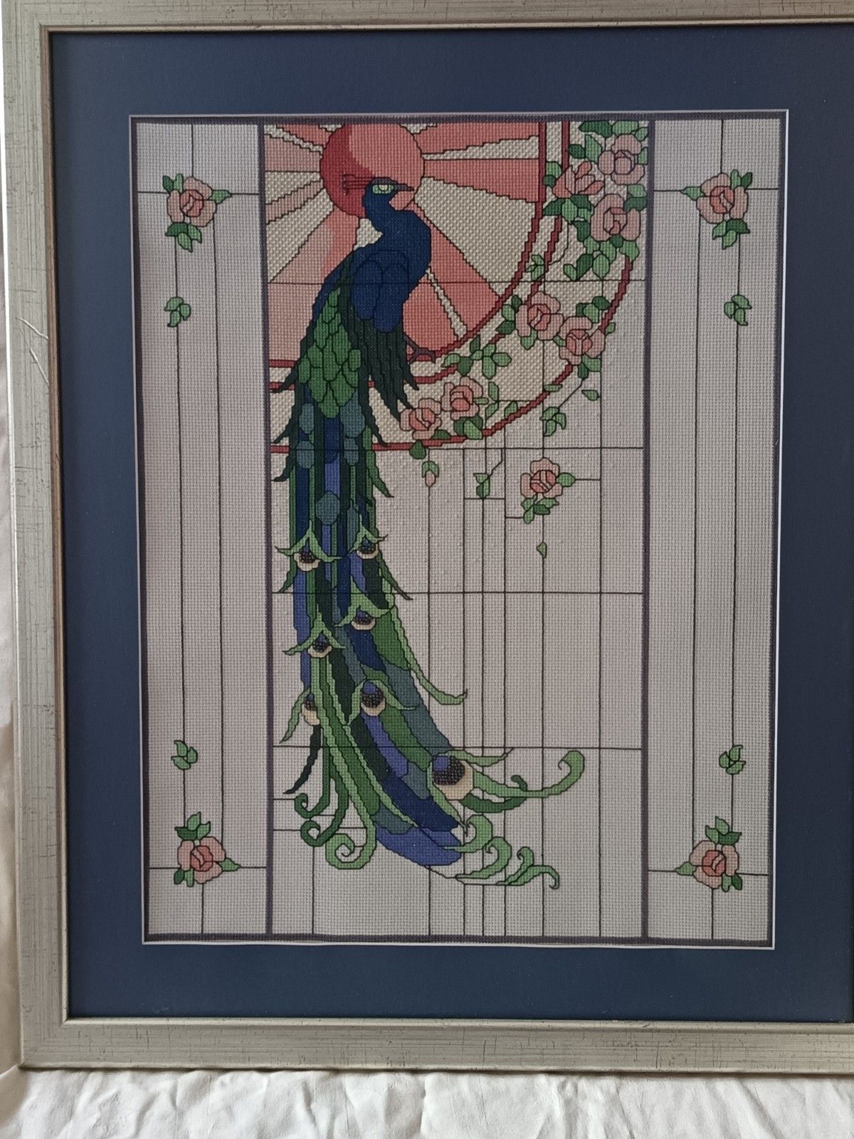Art Deco Rennie Macintosh Style Peacock Cross Stitch With Beading Detail Framed photo for sale