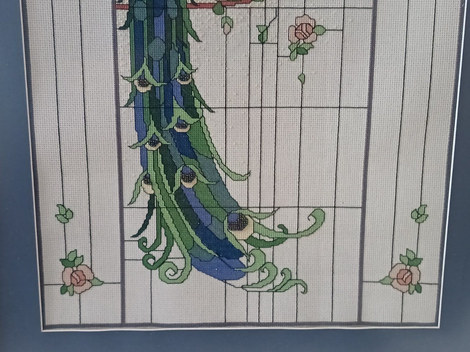 Art Deco Rennie Macintosh Style Peacock Cross Stitch With Beading Detail Framed photo vinterior