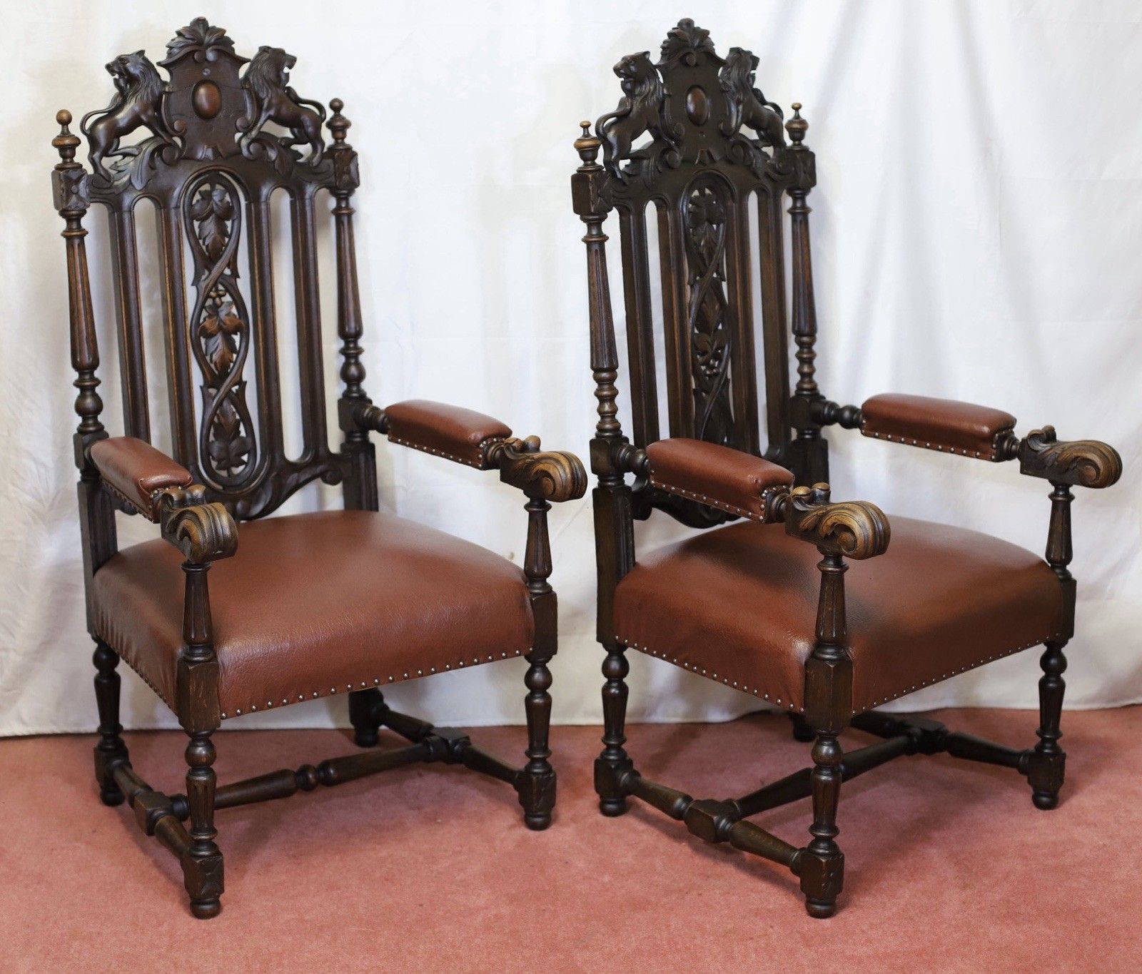 Lovely Pair Of Two Victorian Oak Armchairs In Jacobean Style photo vinterior