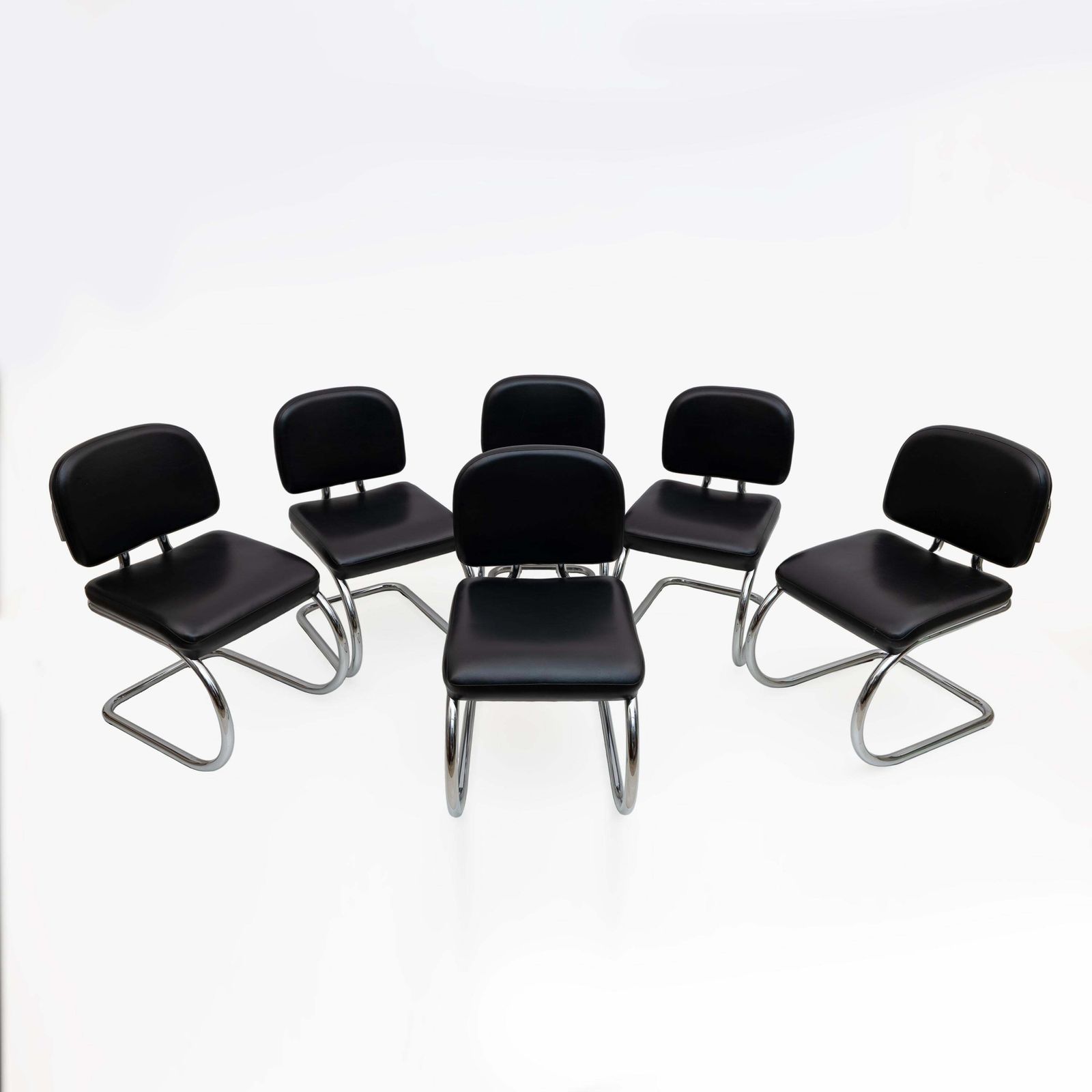 Six Of Bauhaus Style Leatherette And Metal Chromed Cantilever Dining Chairs, 70s photo furniture