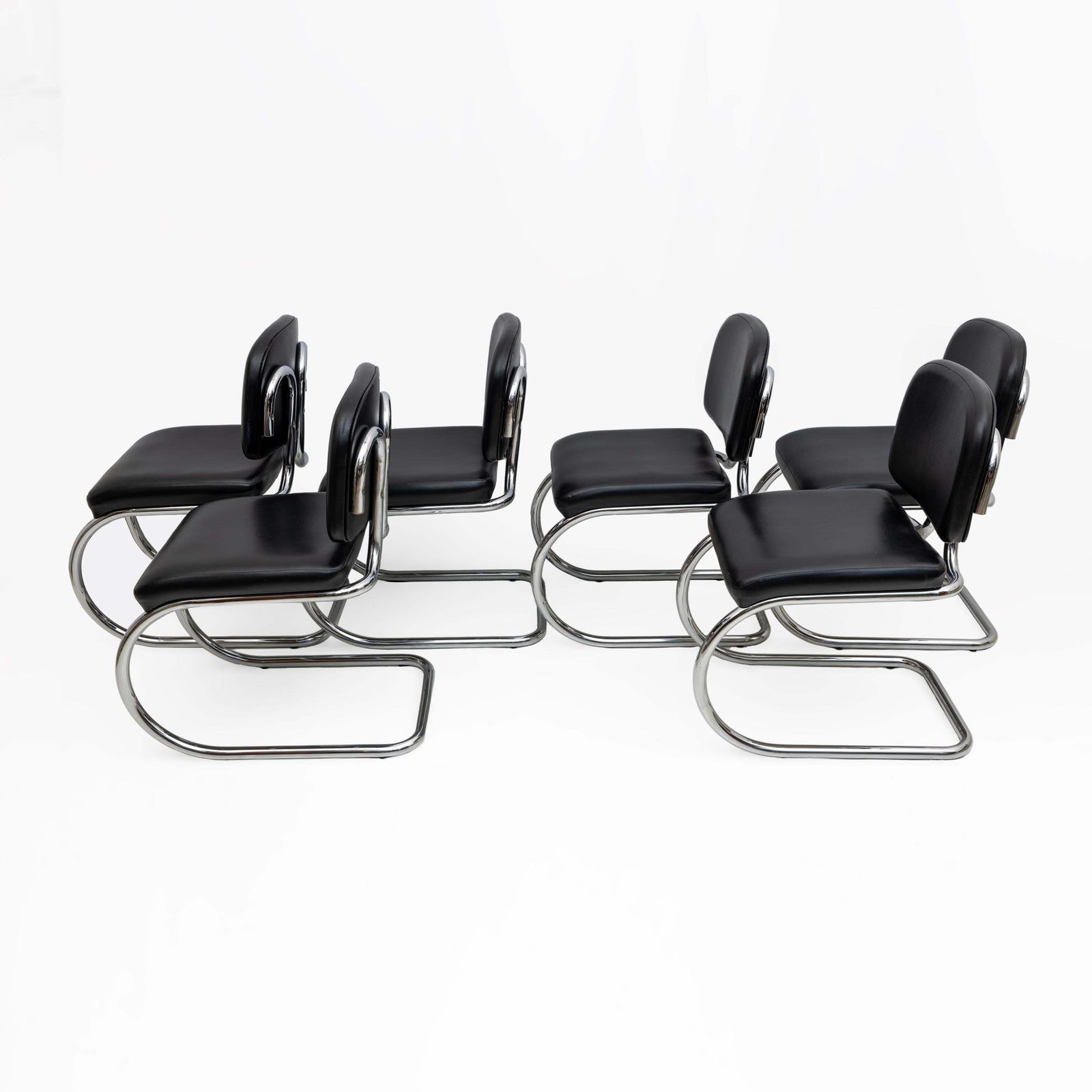 Six Of Bauhaus Style Leatherette And Metal Chromed Cantilever Dining Chairs, 70s photo for sale